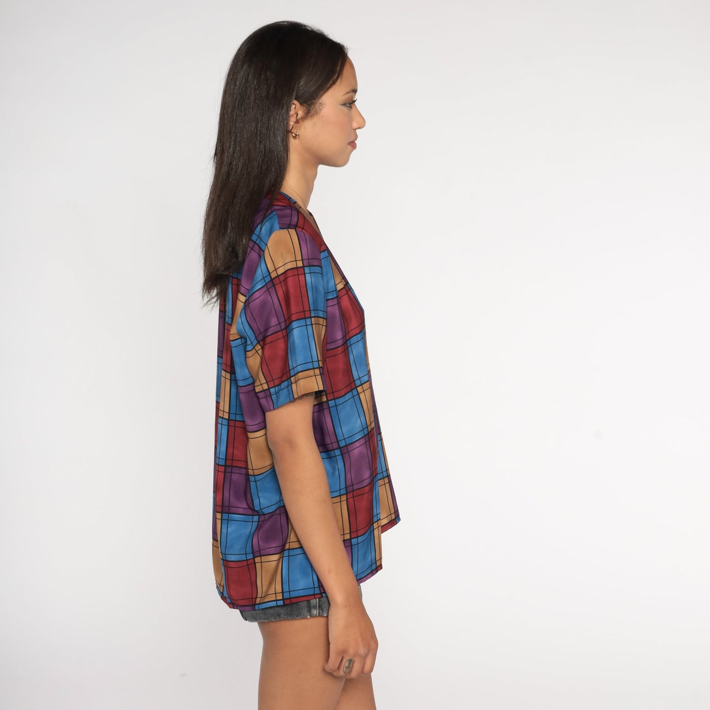 90s Checkerboard Blouse Purple Pink Blue Geometric Short Sleeve Medium M