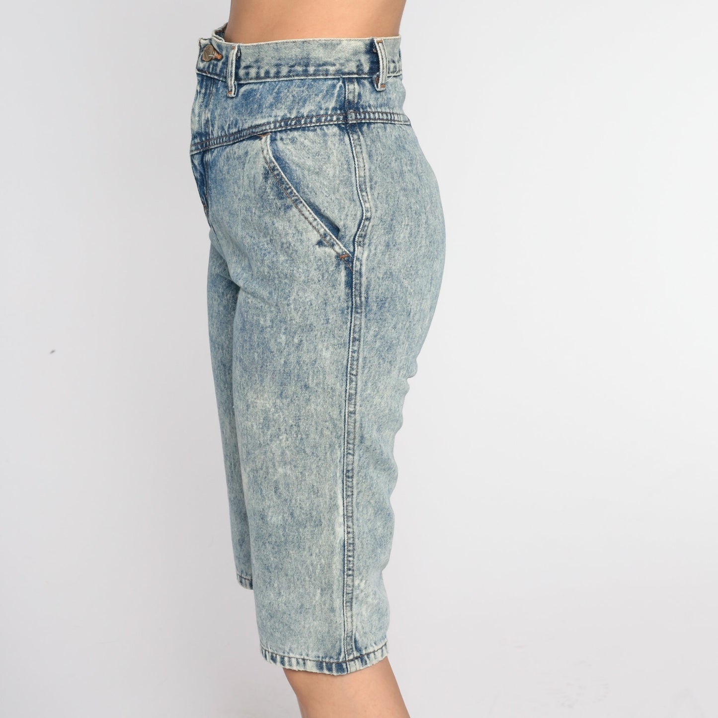 90s Acid Wash Denim Bermuda Shorts High Waist Knee Length Blue Extra Small