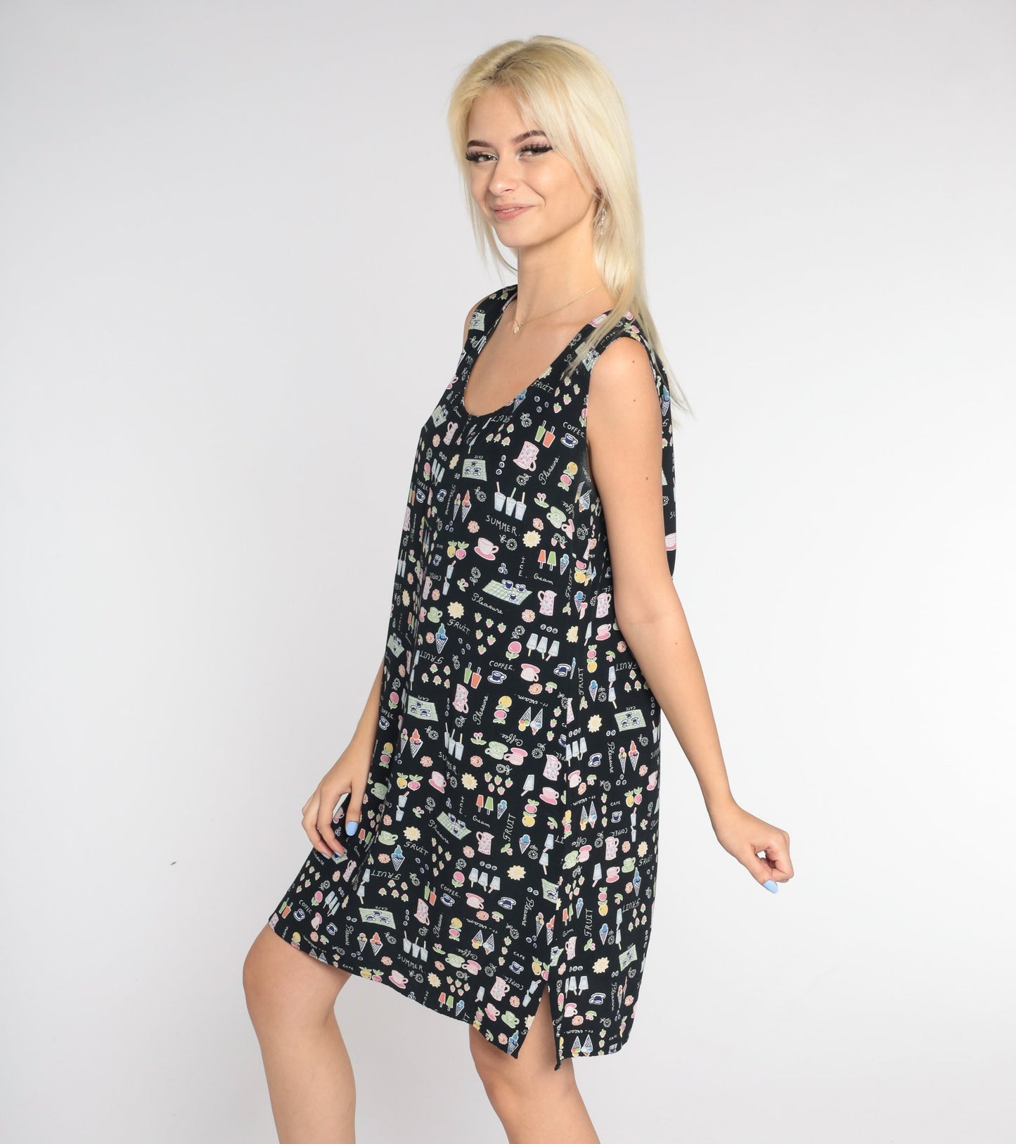 90s Black Mini Tank Dress Food Print Sleeveless Sundress Medium M