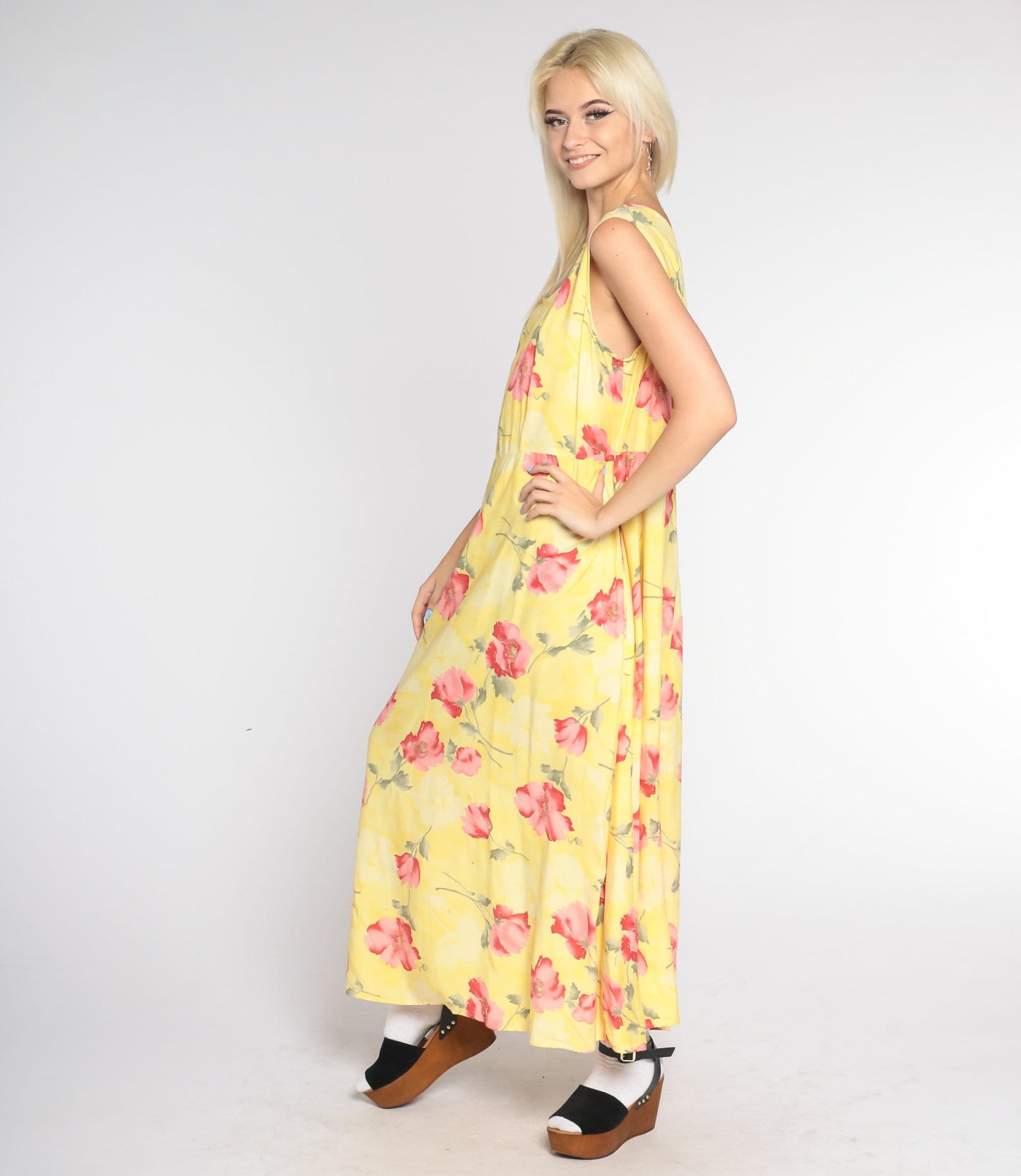 90s Yellow Poppy Print Maxi Dress Sleeveless Floral Large L