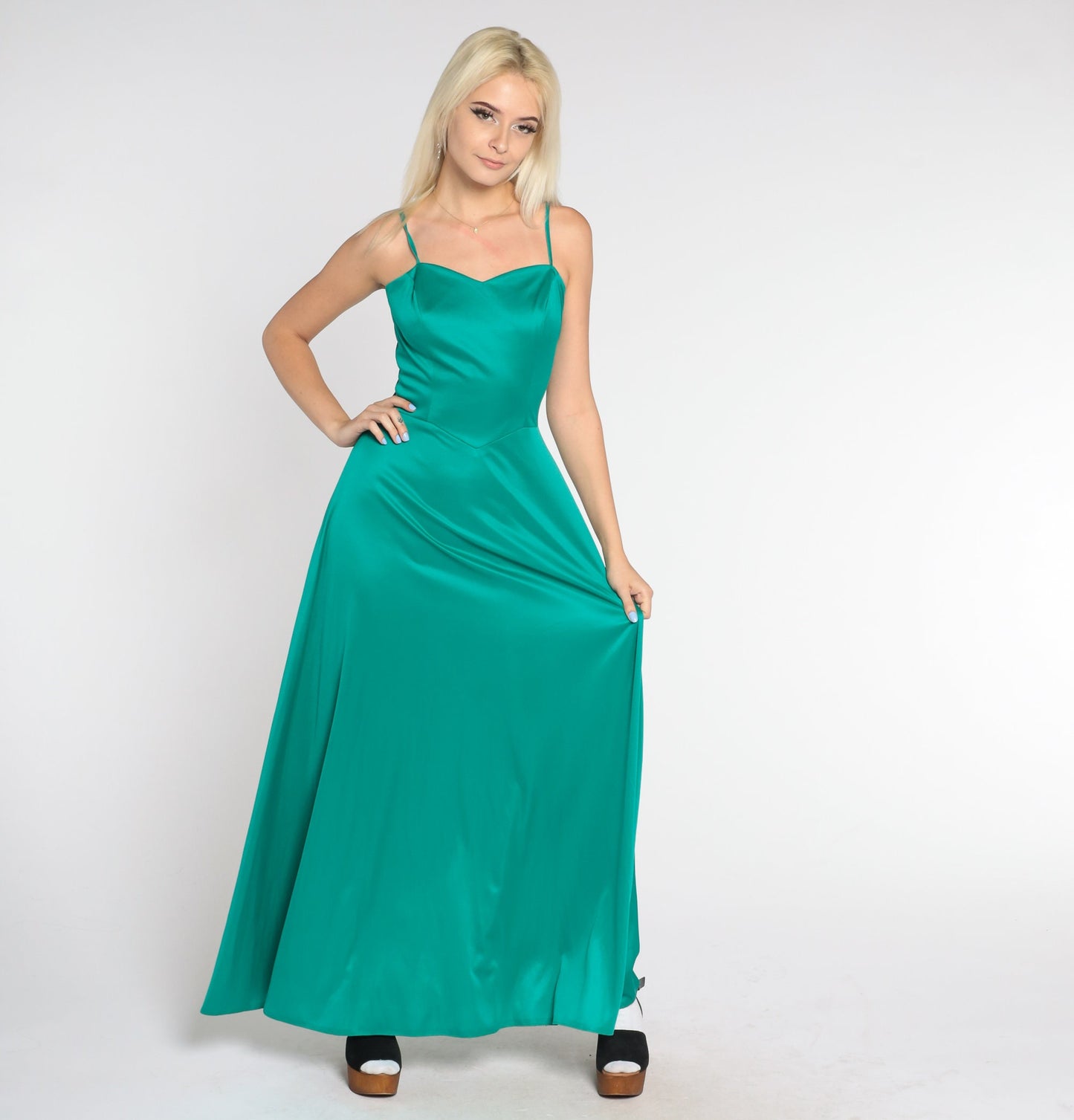 70s Green Maxi Dress Sweetheart Neckline Basque Waist Sleeveless Small S