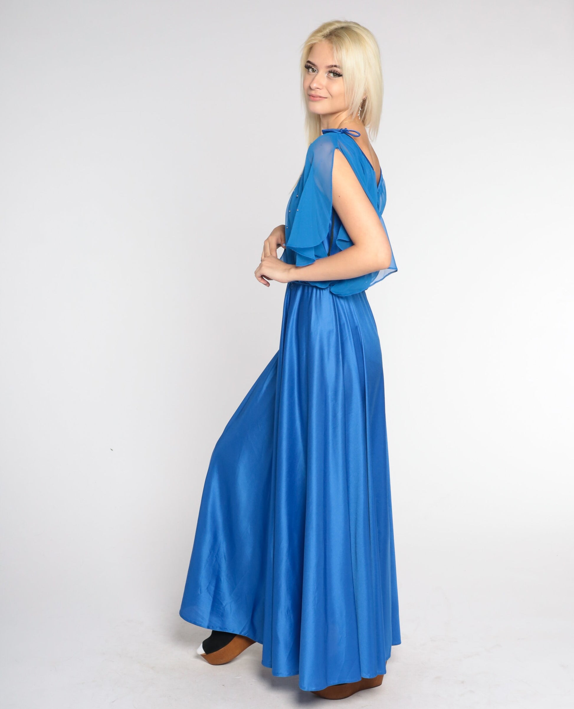 70s Royal Blue Grecian Maxi Dress V-Neck Beaded Capelet High Waist Small