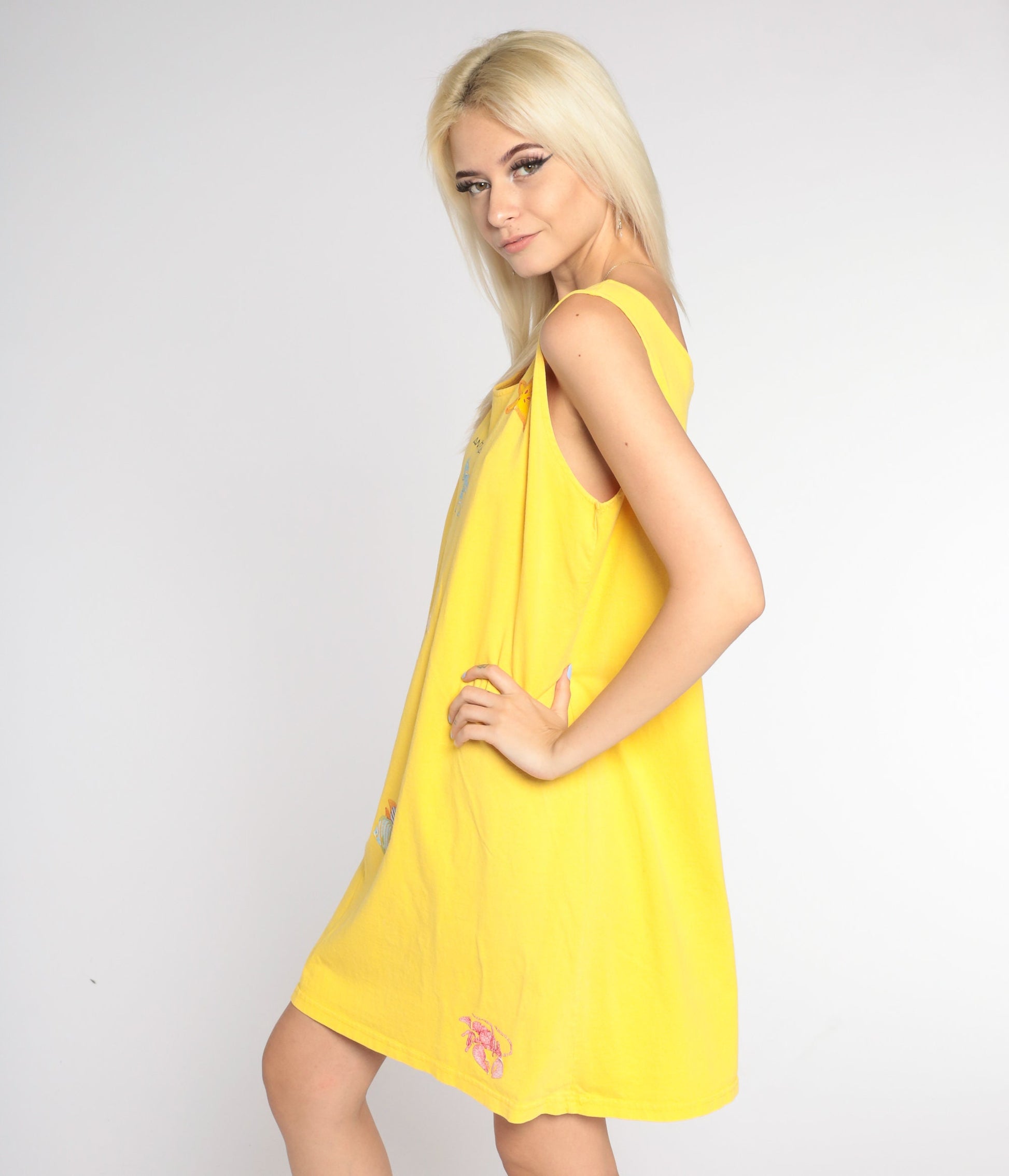 90s Antigua Yellow Mini Tank Dress Embroidered Sea Creatures Medium