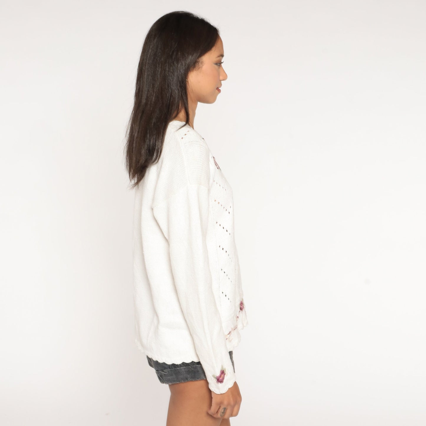 90s White Floral Embroidered Cutout Sweater Pearl Button Henley Medium Large