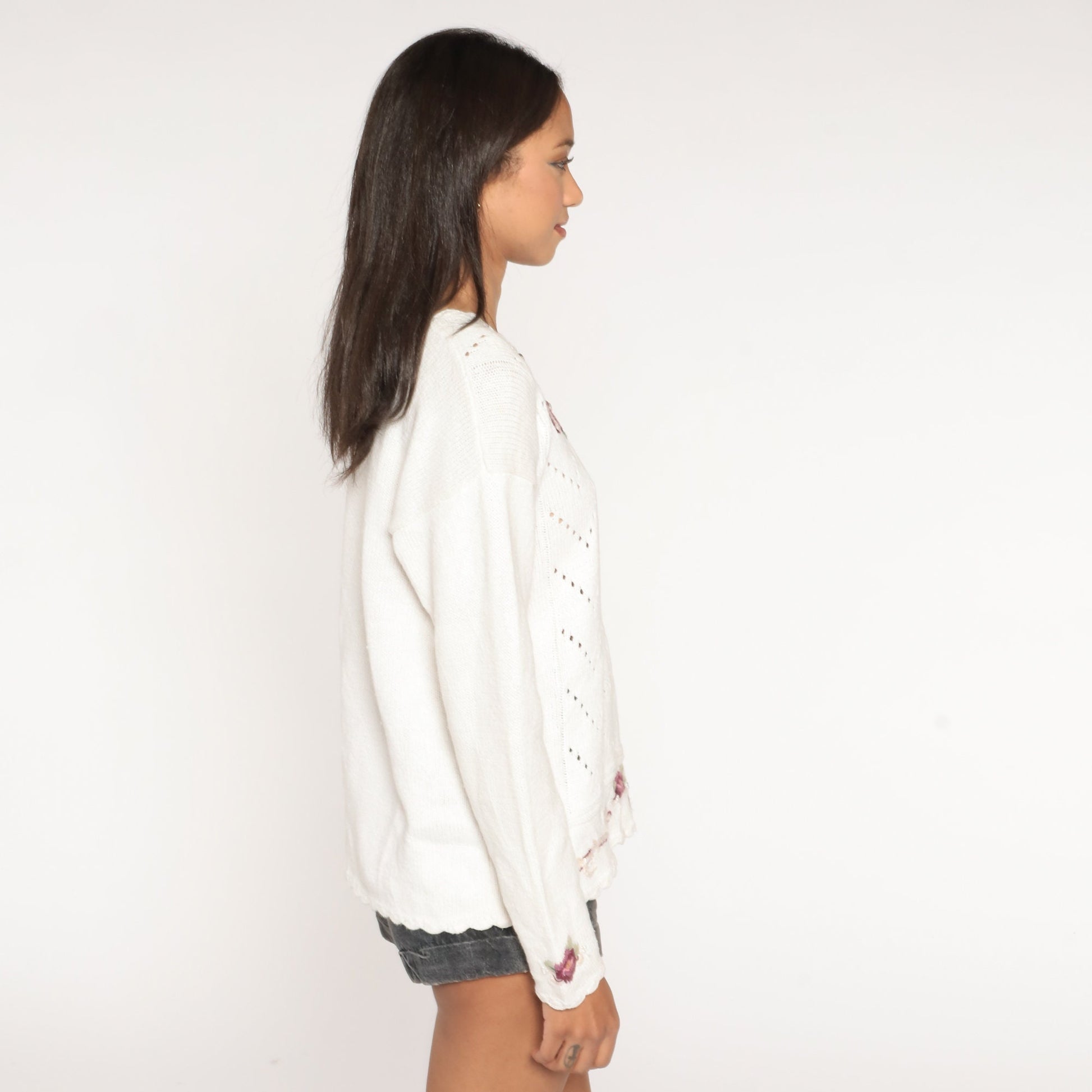 90s White Floral Embroidered Cutout Sweater Pearl Button Henley Medium Large