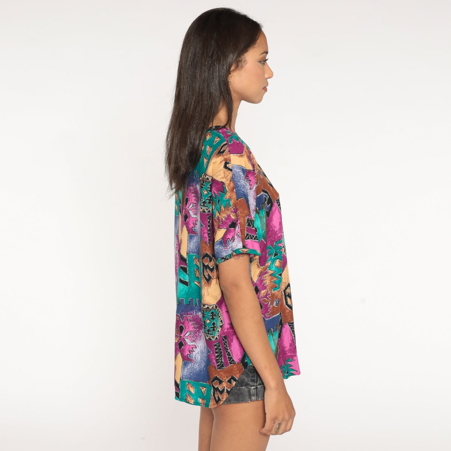 90s Geometric Southwest Blouse Short Sleeve Jewel Tone Rayon Large L