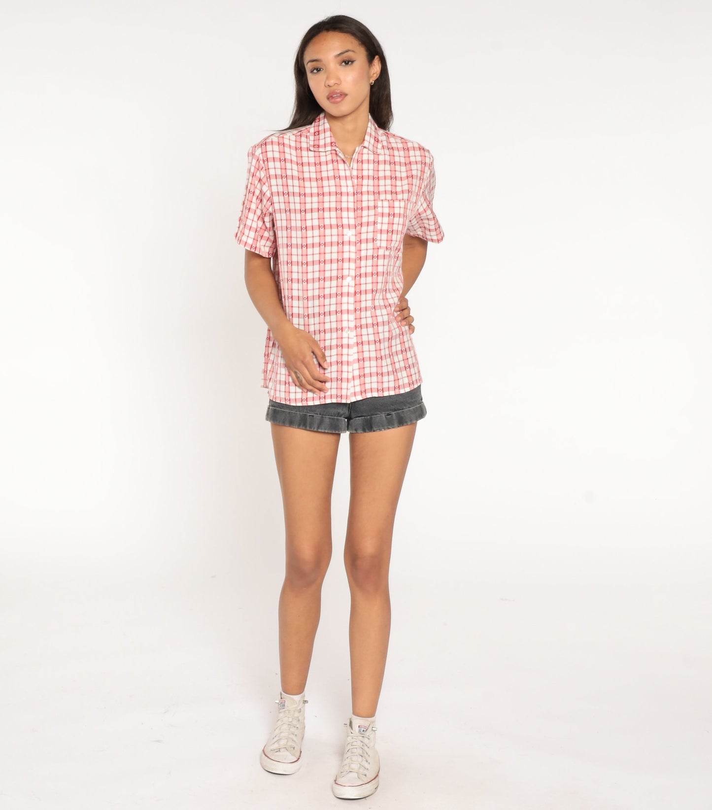 80s Plaid Heart Print Button-Up Shirt Red White Medium Large