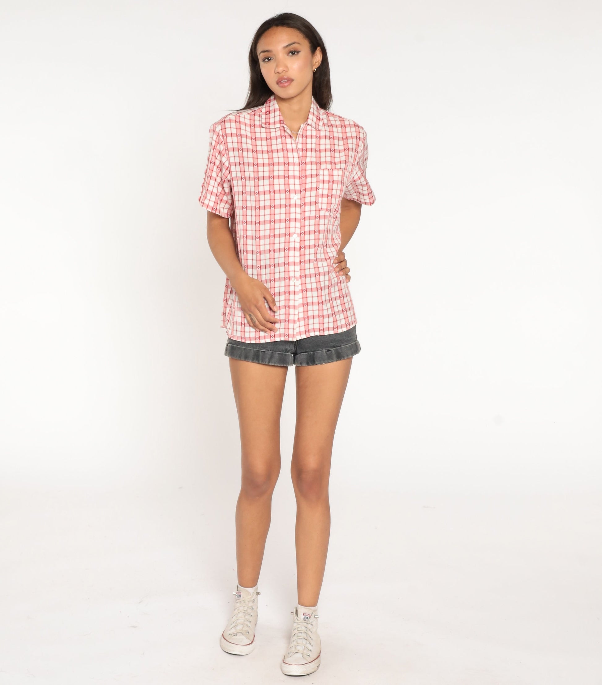 80s Plaid Heart Print Button-Up Shirt Red White Medium Large