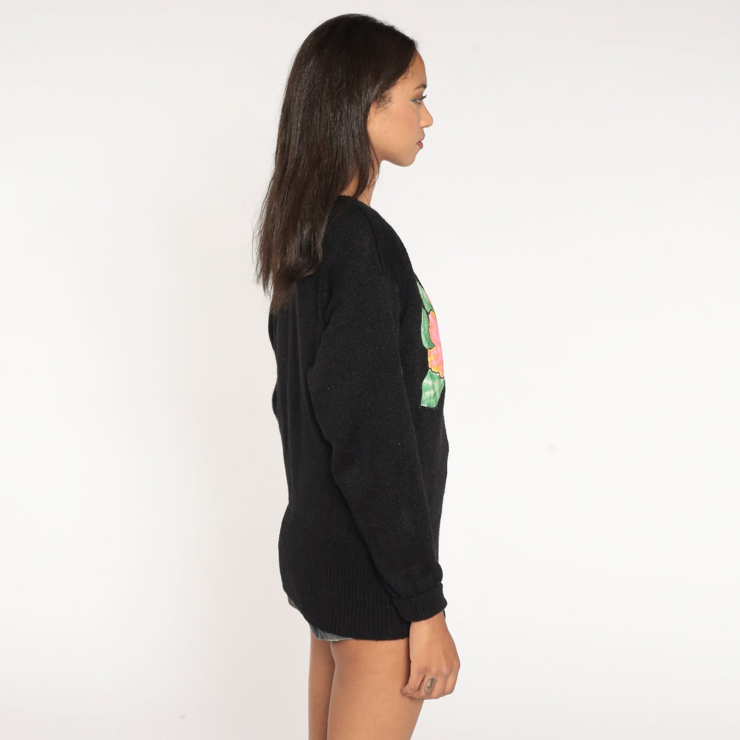 80s Black Floral Knit Sweater Pullover Tropical Graphic Medium