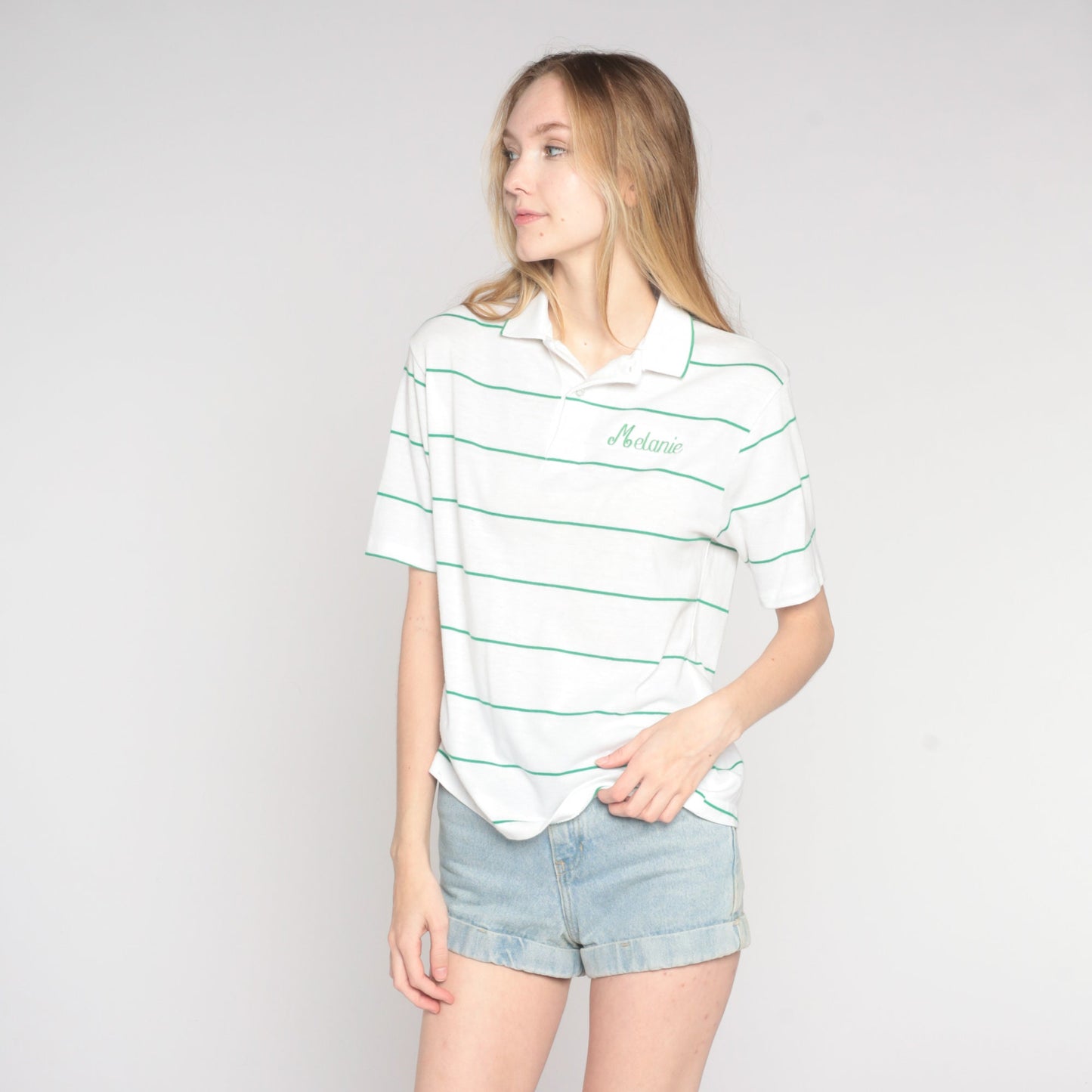 90s Melanie Embroidered Polo Shirt Striped White Green Medium M