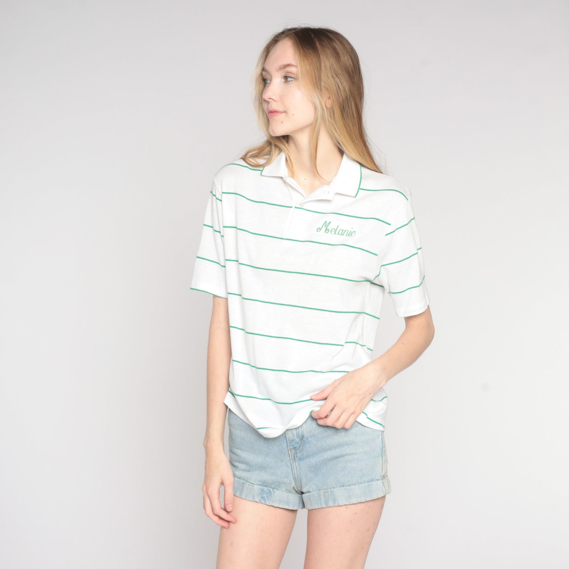90s Melanie Embroidered Polo Shirt Striped White Green Medium M
