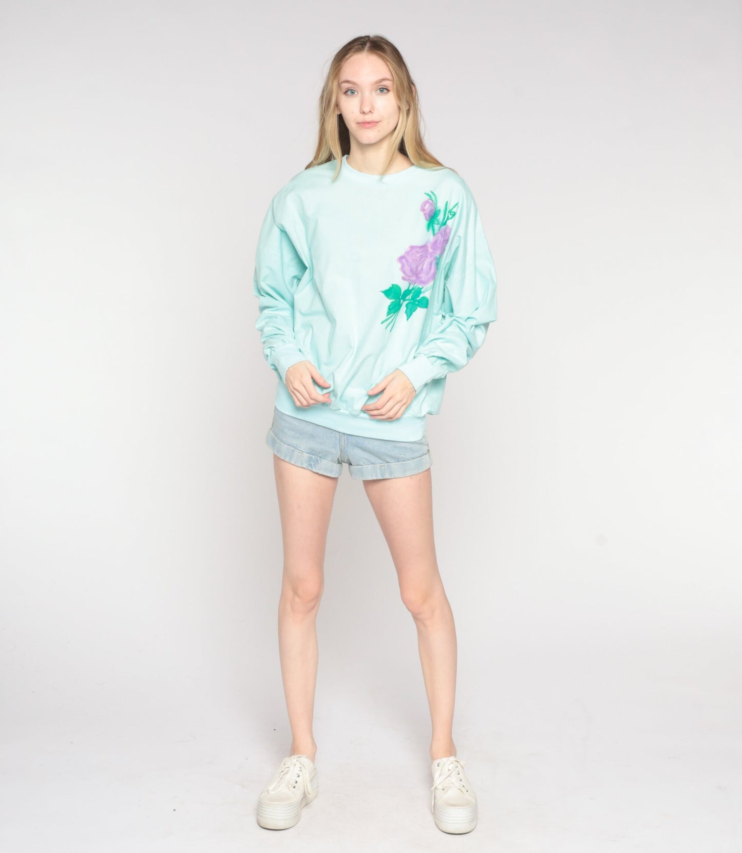 80s Airbrushed Rose Sweatshirt Mint Blue Floral Crewneck Extra Large XXL