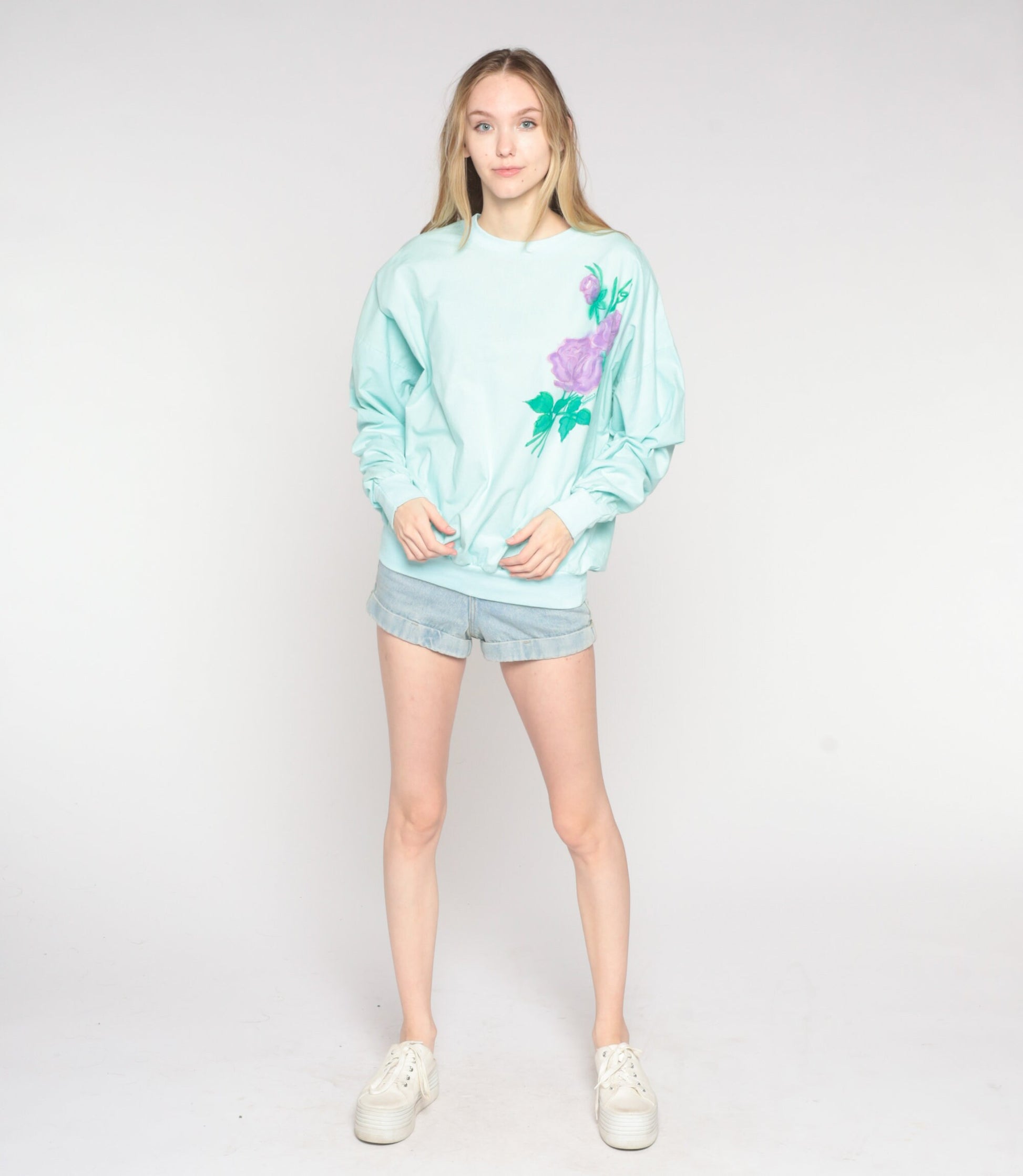 80s Airbrushed Rose Sweatshirt Mint Blue Floral Crewneck Extra Large XXL