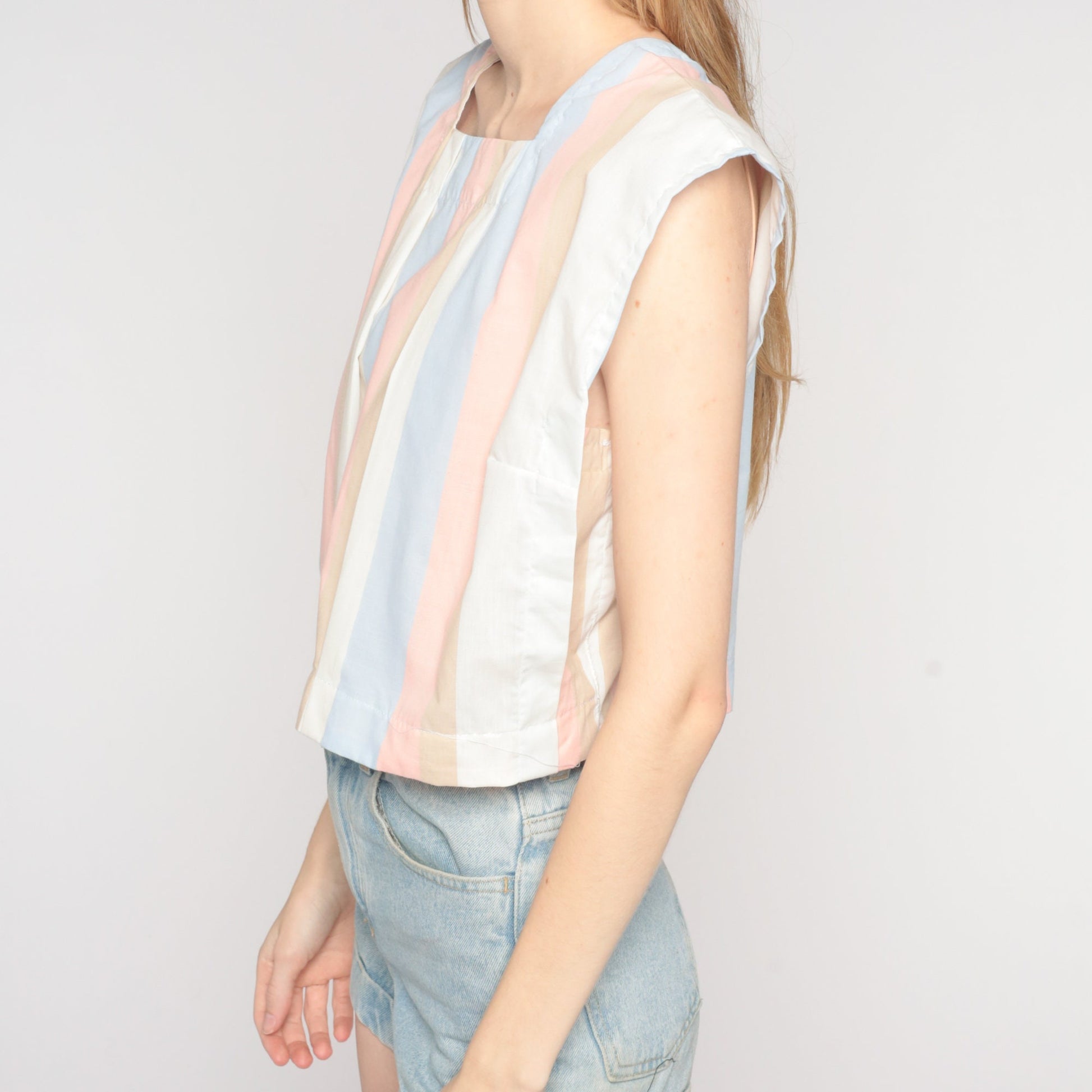 80s Striped Cap Sleeve Tank Top Pastel Blue Pink White Large L