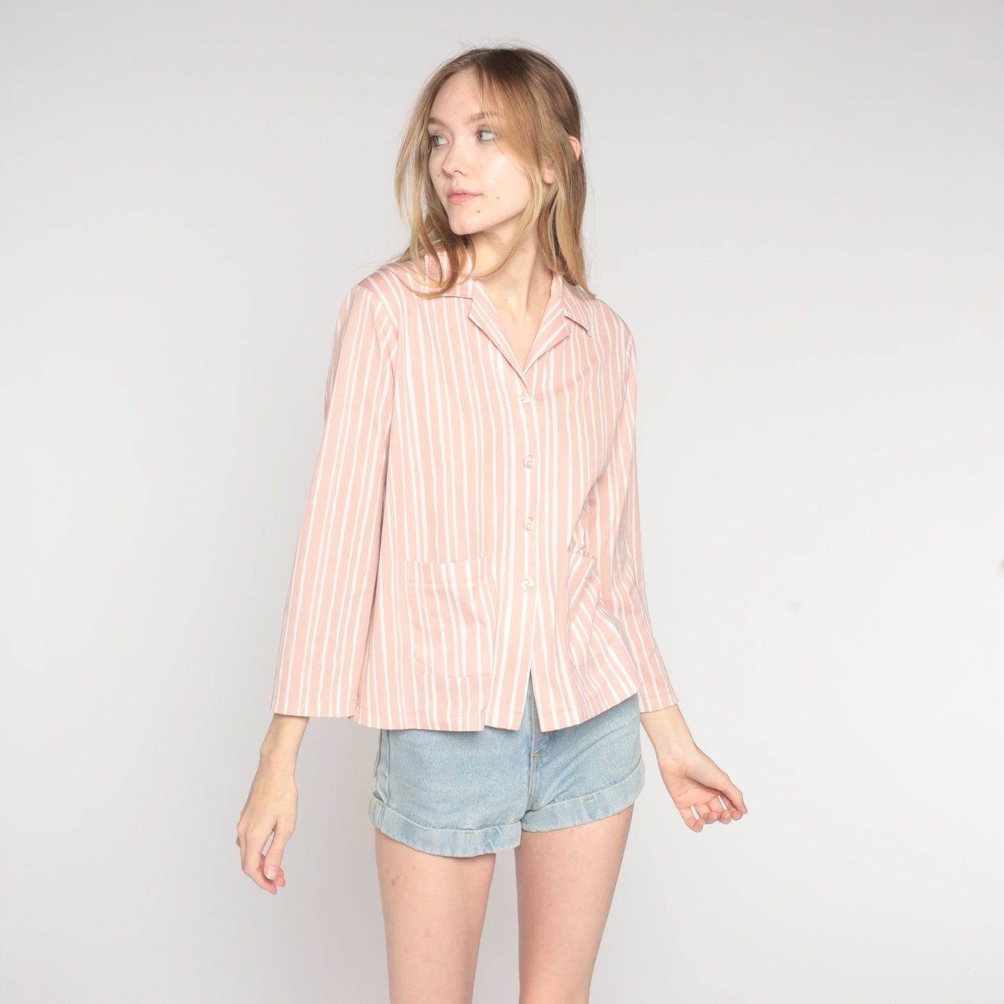70s Pink White Striped Button-Up Blouse Long Sleeve Collared Pocket Shirt Large