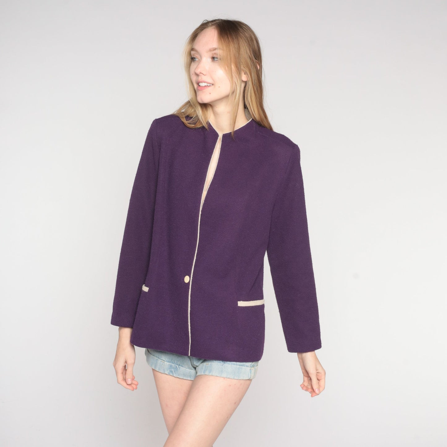 70s Purple Woven Blazer Button Up Jacket Tailored Large L