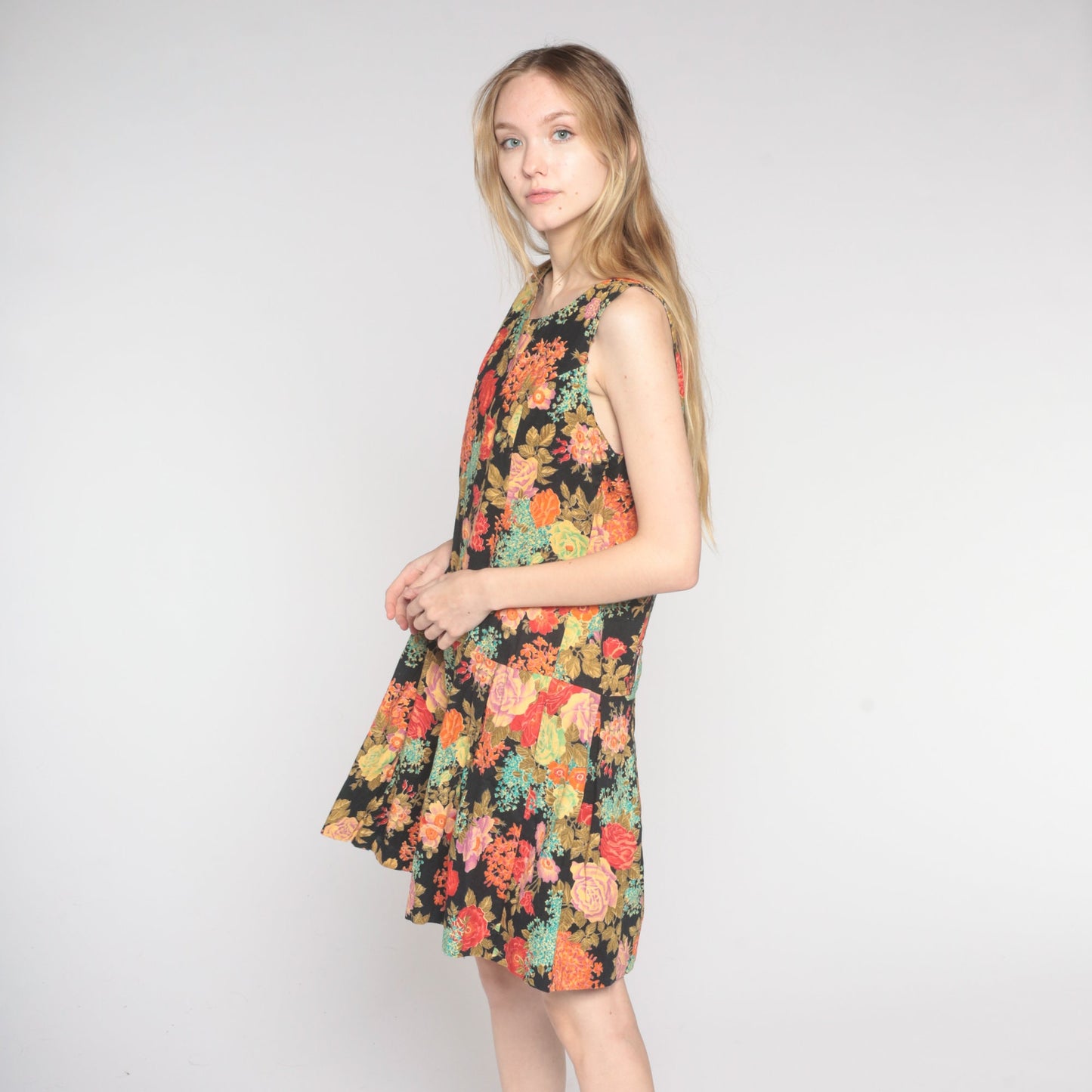 80s Joni Blair Floral Mini Dress Drop Waist Pleated Sleeveless Black Cotton Medium Large