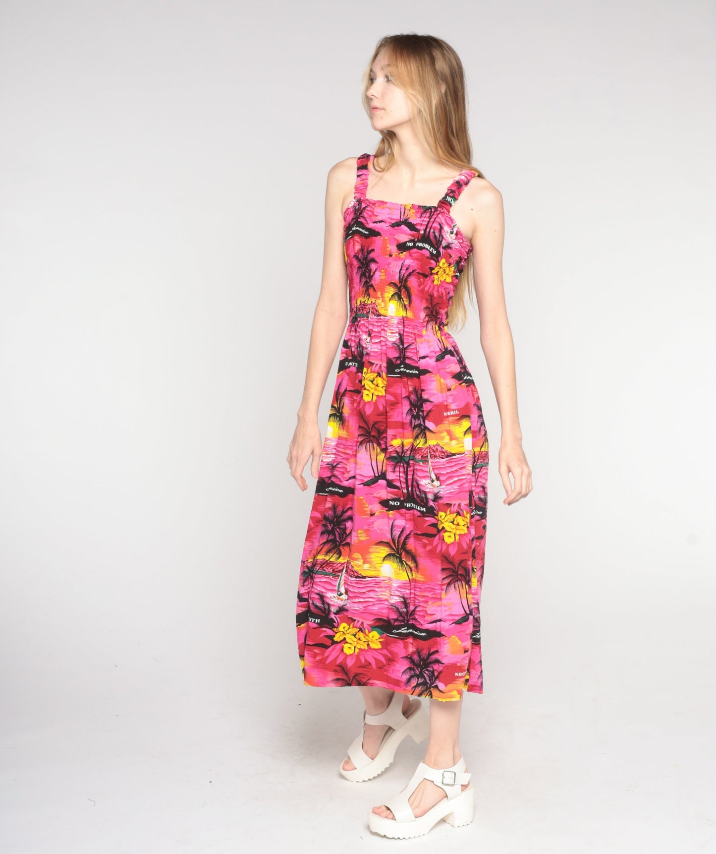 Y2K Pink Hawaiian Sunset Midi Dress Smocked Sleeveless Small Medium