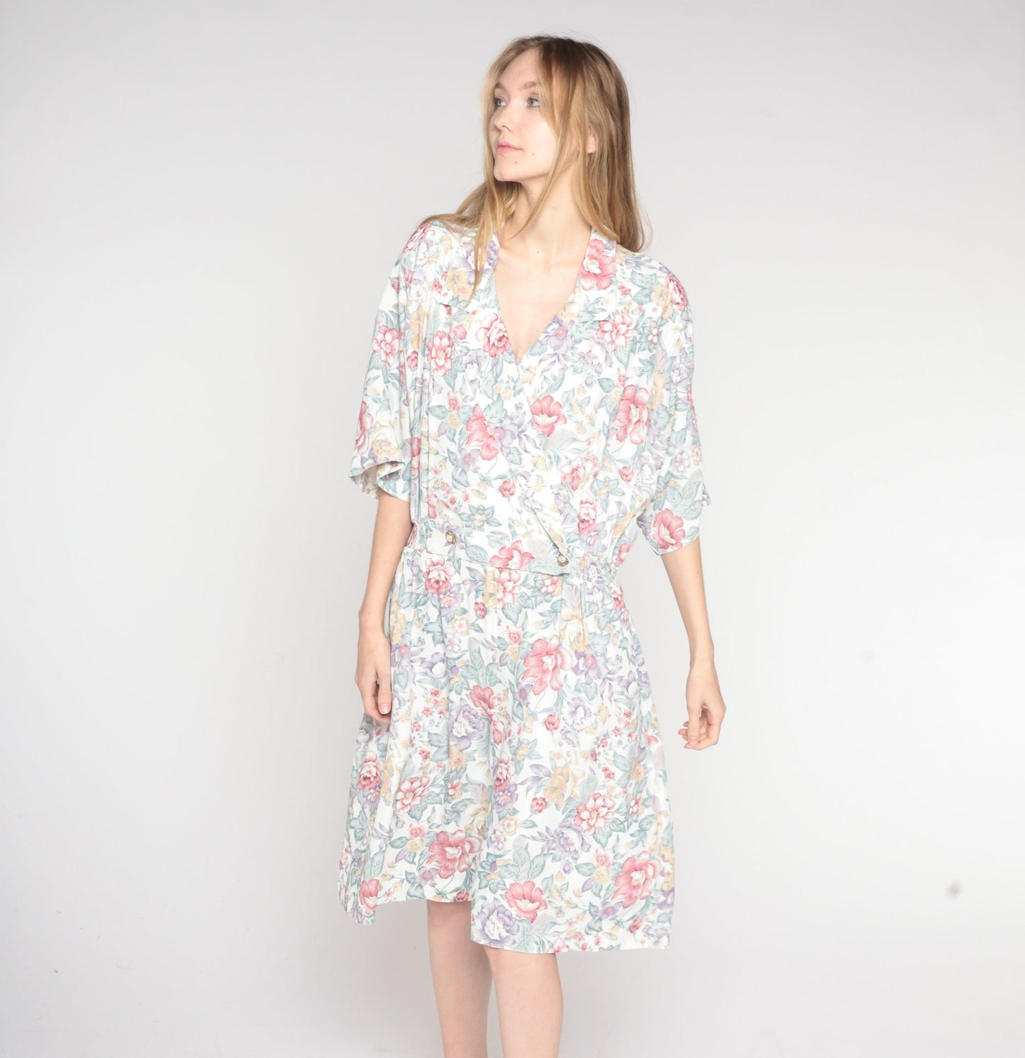 80s Floral Romper High Waisted Knee Length Wide Leg Collared Jumpsuit Extra Large