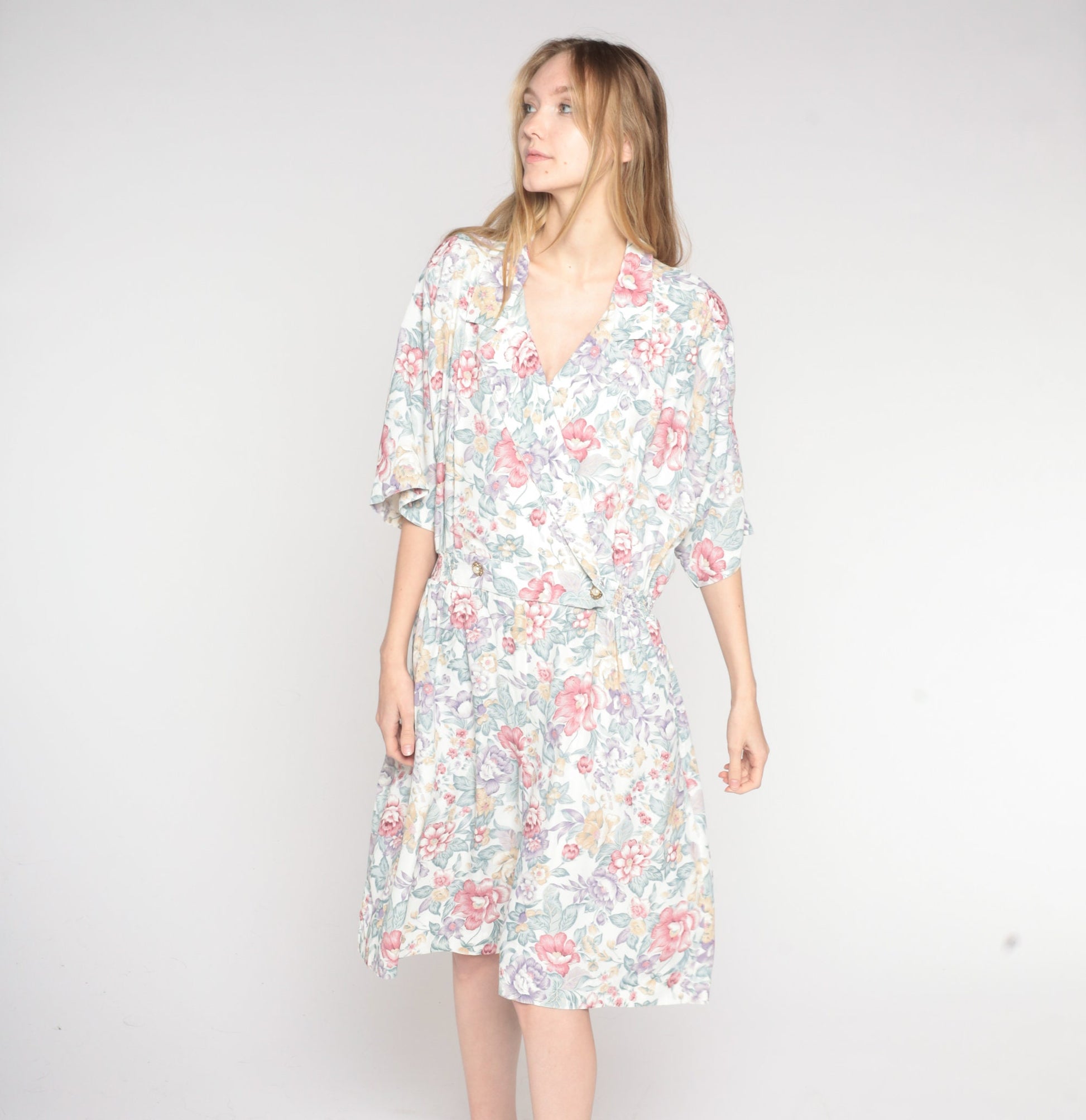 80s Floral Romper High Waisted Knee Length Wide Leg Collared Jumpsuit Extra Large