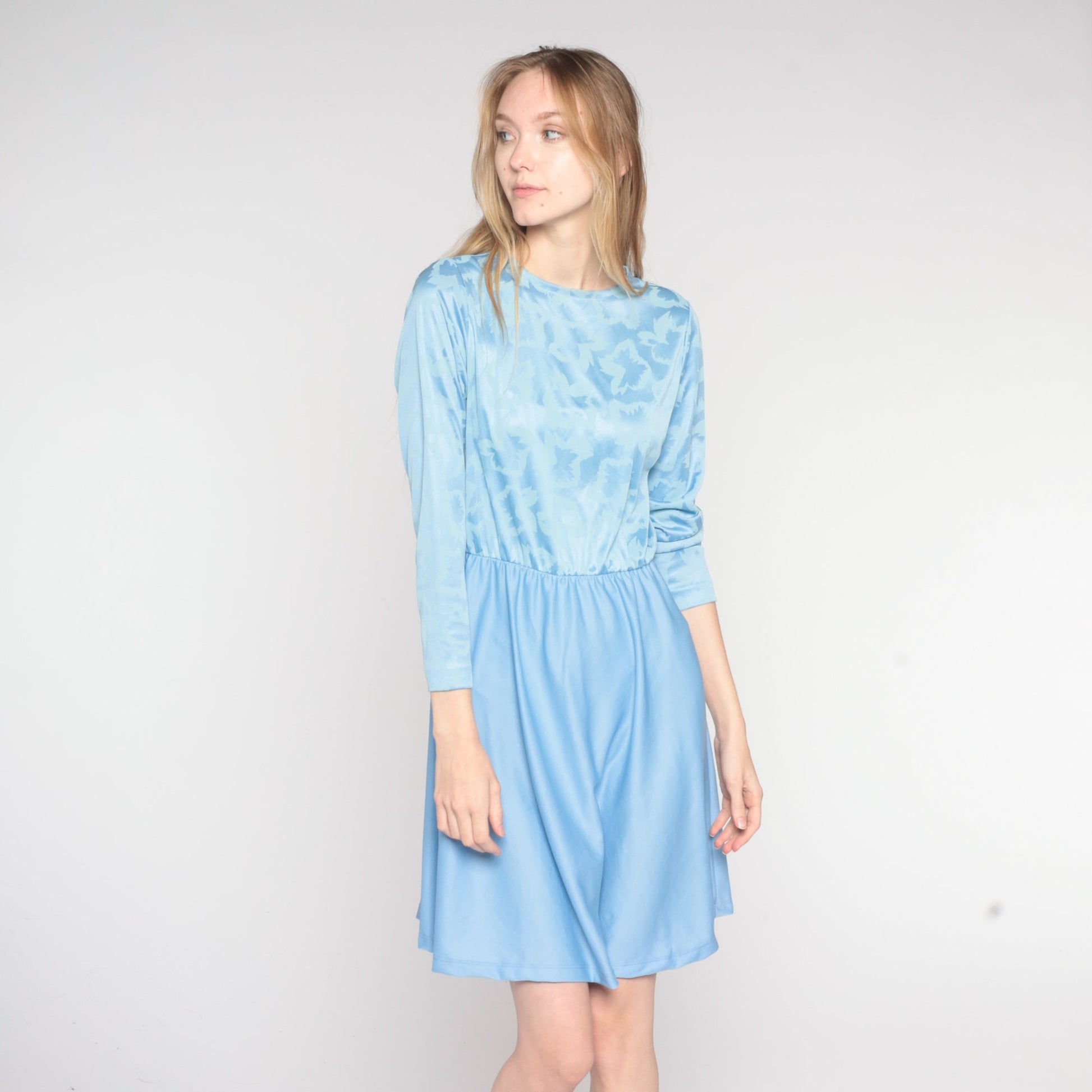 70s Blue Mini Dress Embossed Leaf Print High Waist Long Sleeve Small S