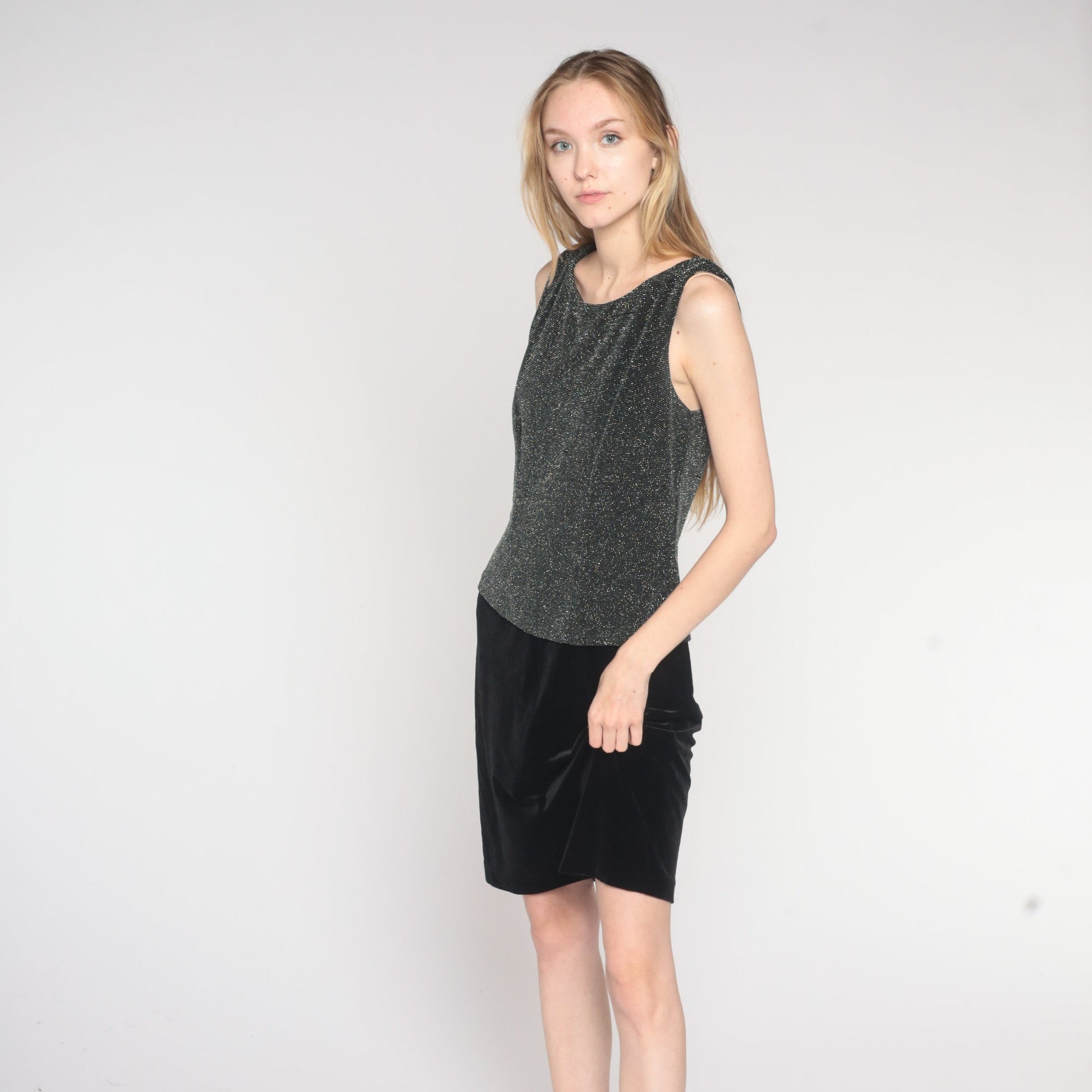Y2K Metallic Silver Black Mini Shift Dress Sleeveless 00s Cocktail Medium 8