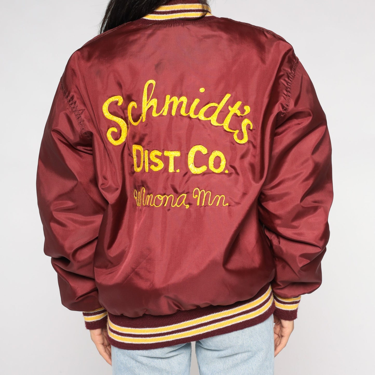 80s Schmidt's Dist Co Winoma Bomber Jacket Burgundy Snap Baseball Coat Medium