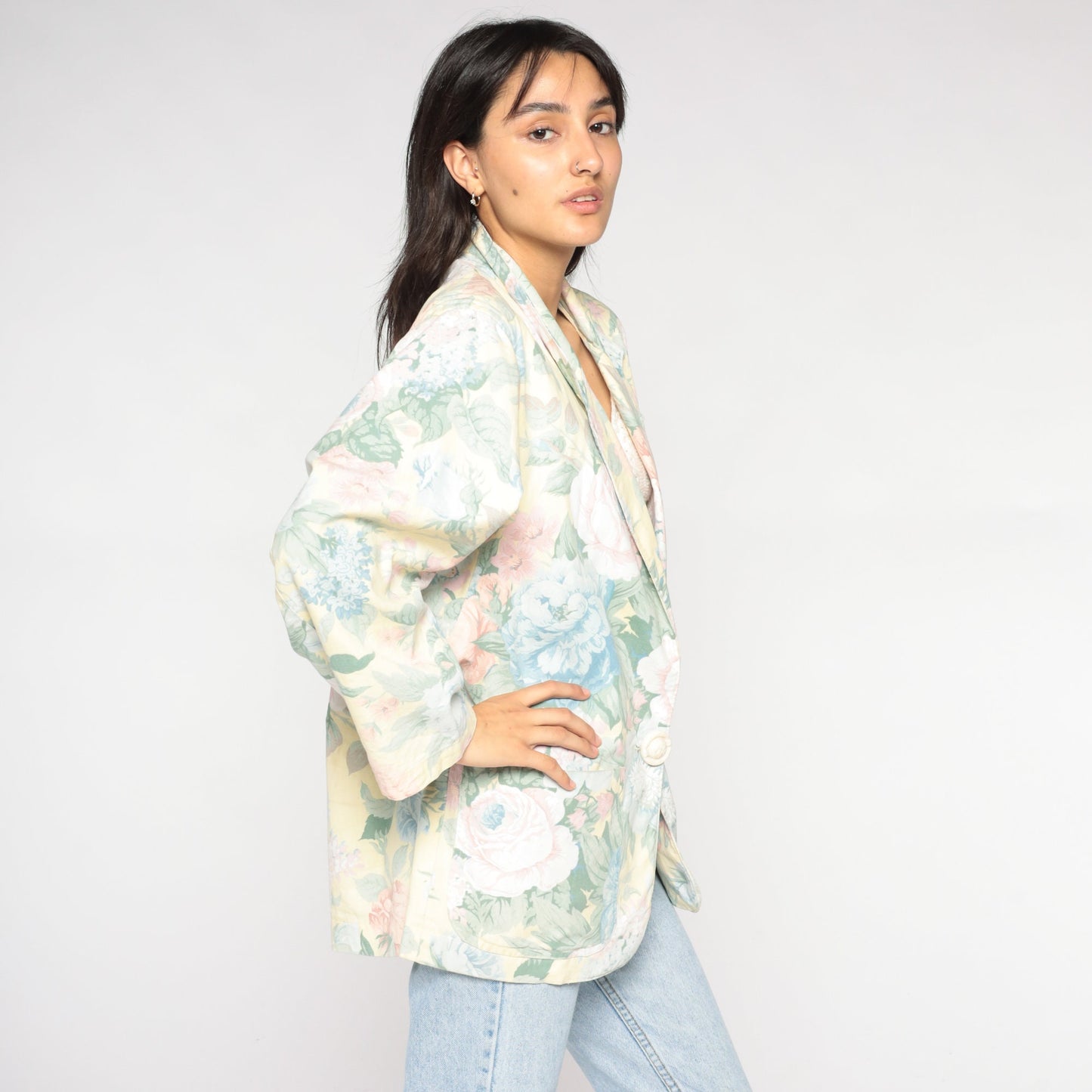 90s Floral Blazer Yellow Pastel Flower Print Single Button Jacket Large
