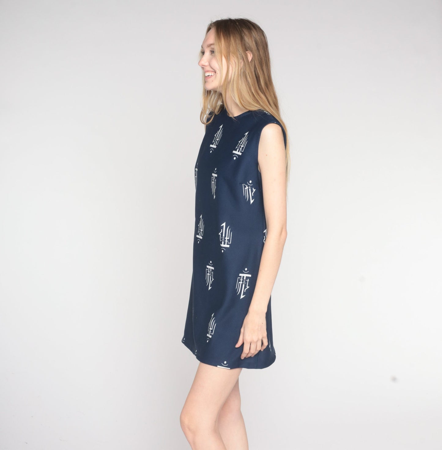 70s Navy Shift Dress Abstract Stamp Print Sleeveless Mini Medium M