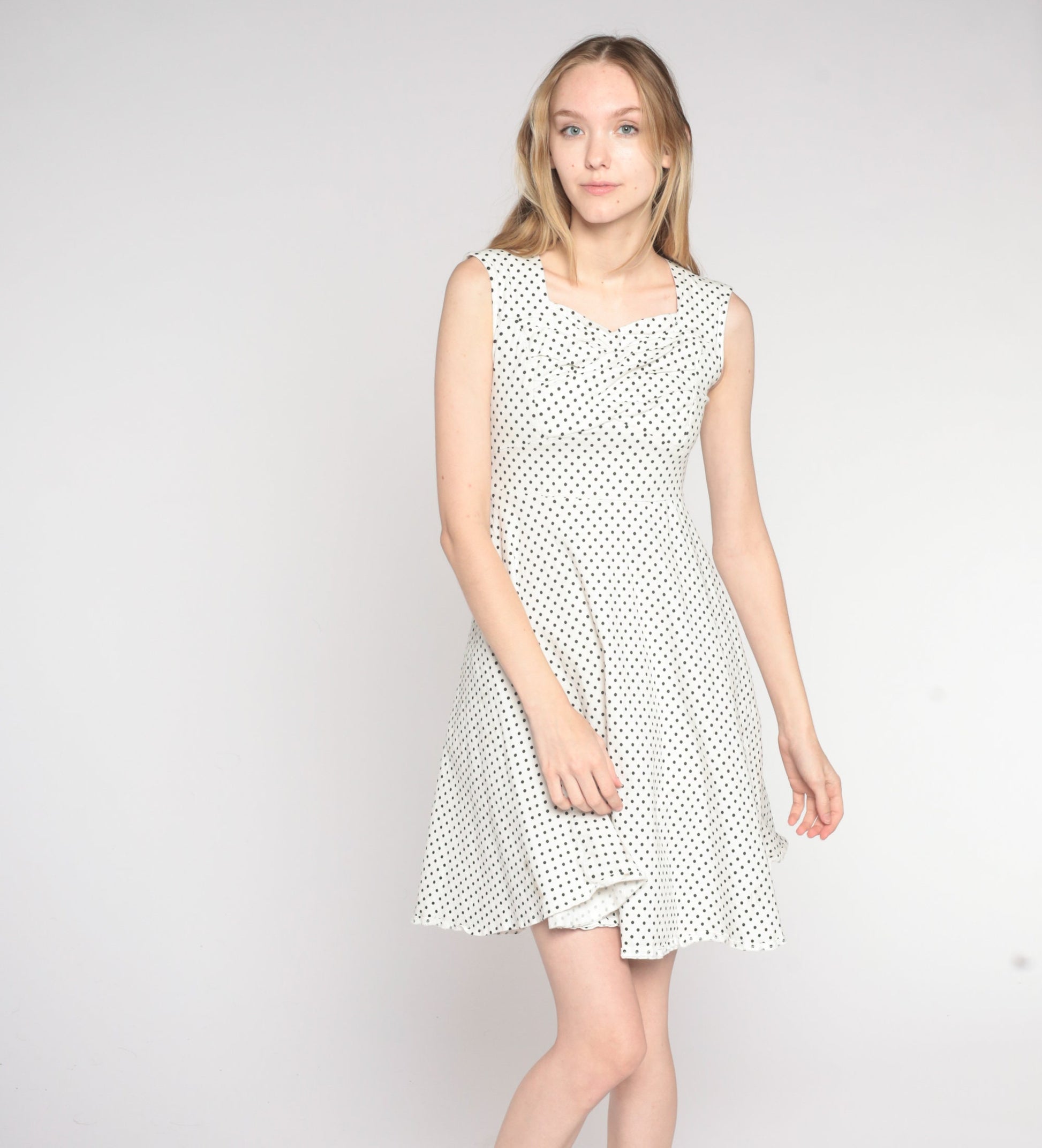 Y2K Polka Dot Mini Dress White Black Sweetheart Neckline Fit Flare Small S