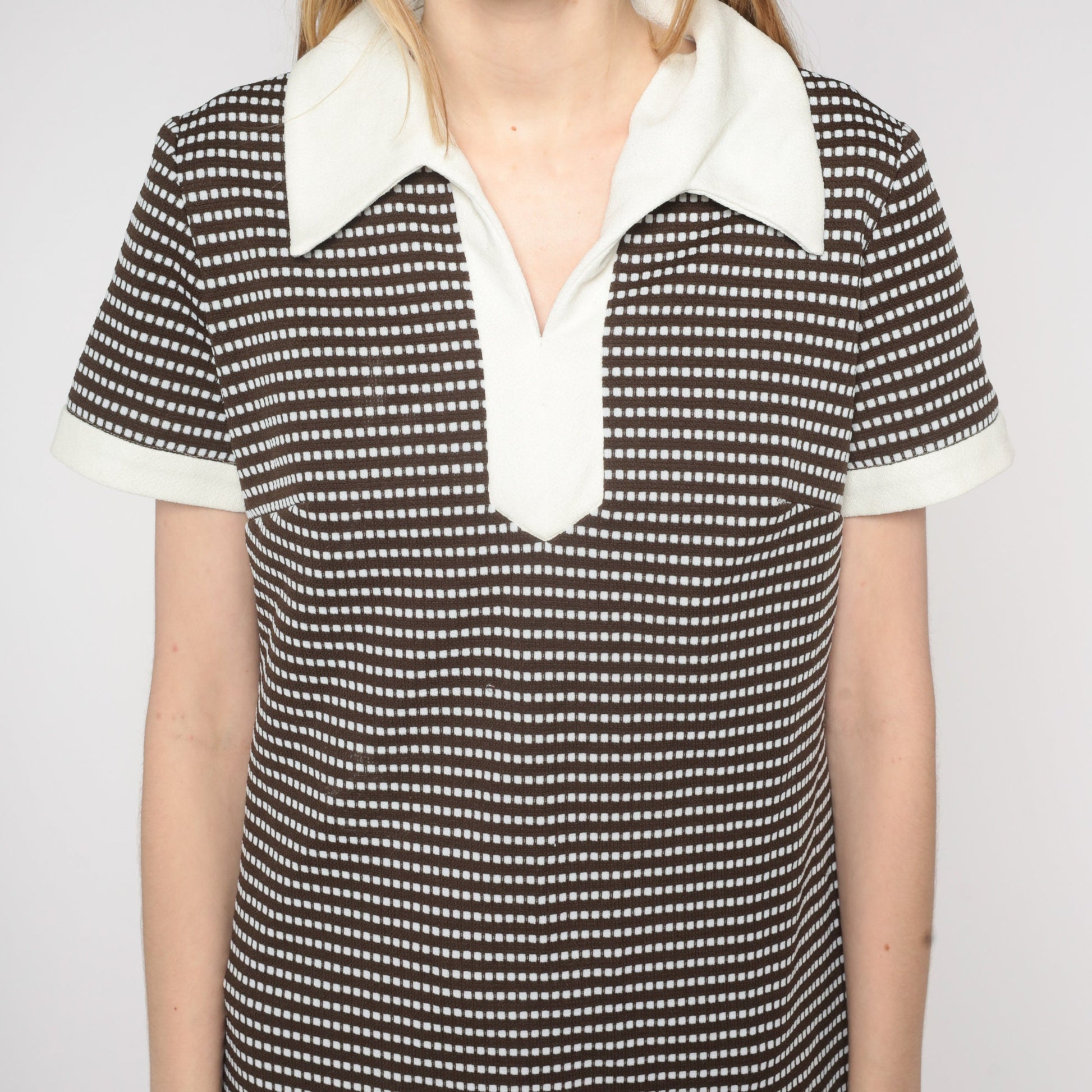 60s Shift Dress Mod Mini Brown White Striped Dot Print Collar Medium