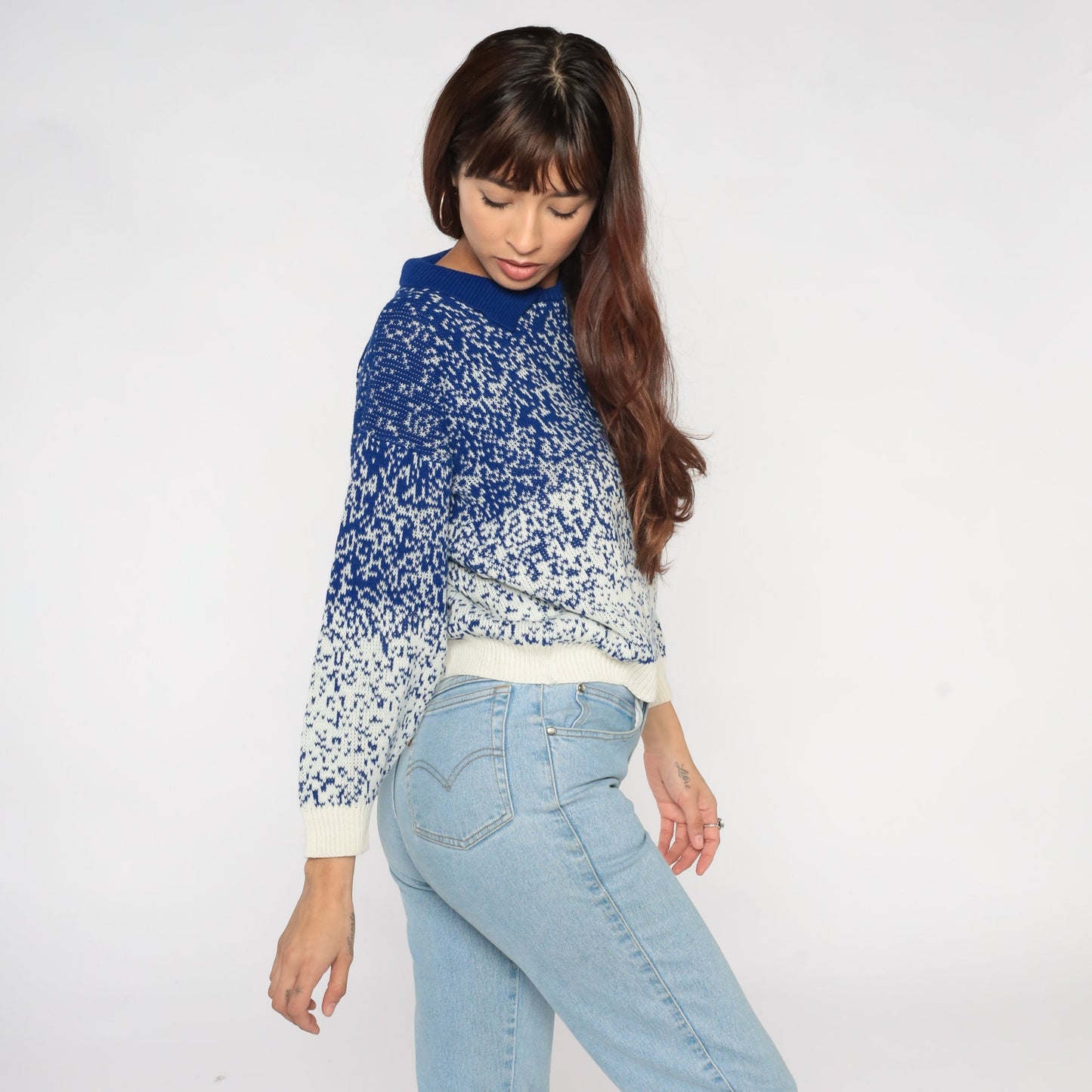 80s Blue White Gradient Knit Collared Sweater Polo Small S