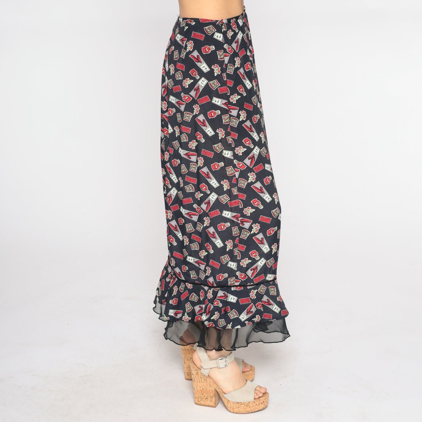 00s Wild Horse Maxi Skirt Black High Waist Ruffled Hem Small