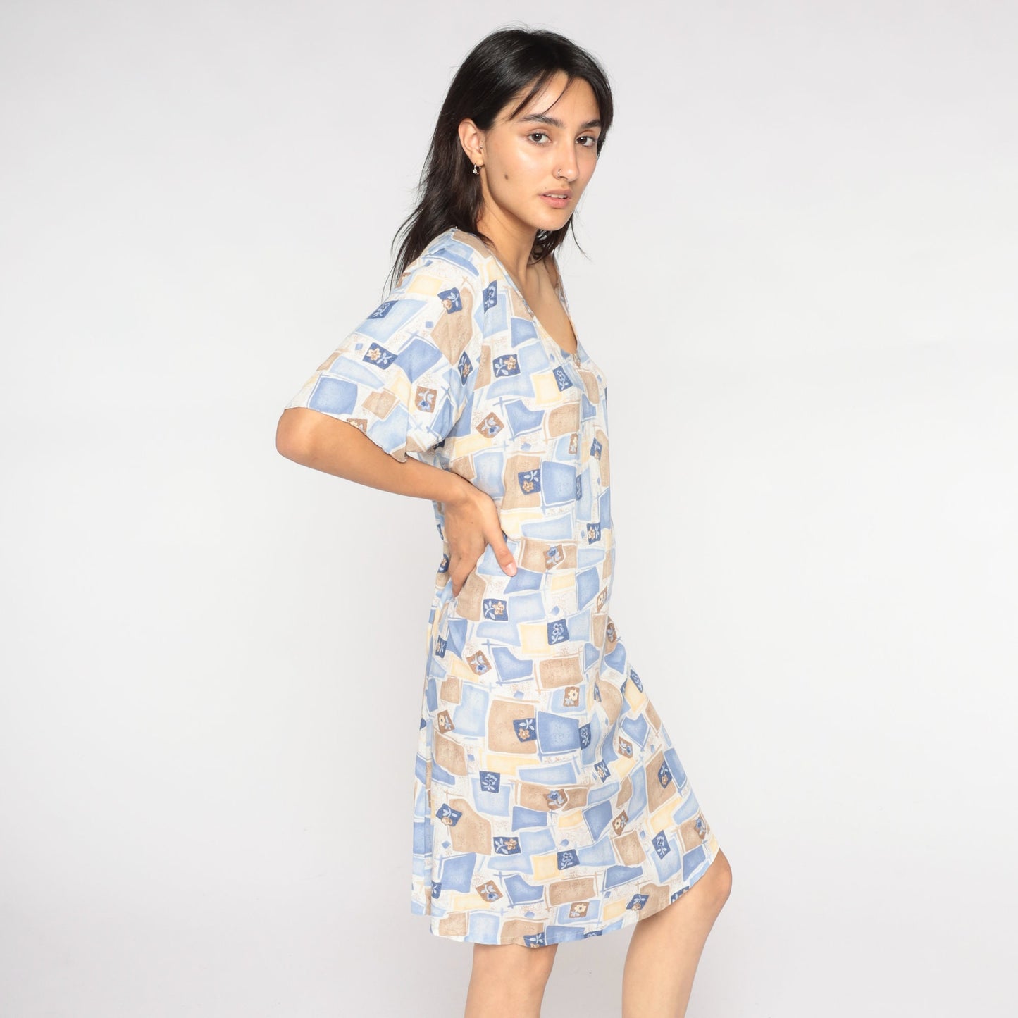 90s Checkered Floral Mini Dress Blue Tan Shift Short Sleeve Extra Large XXL