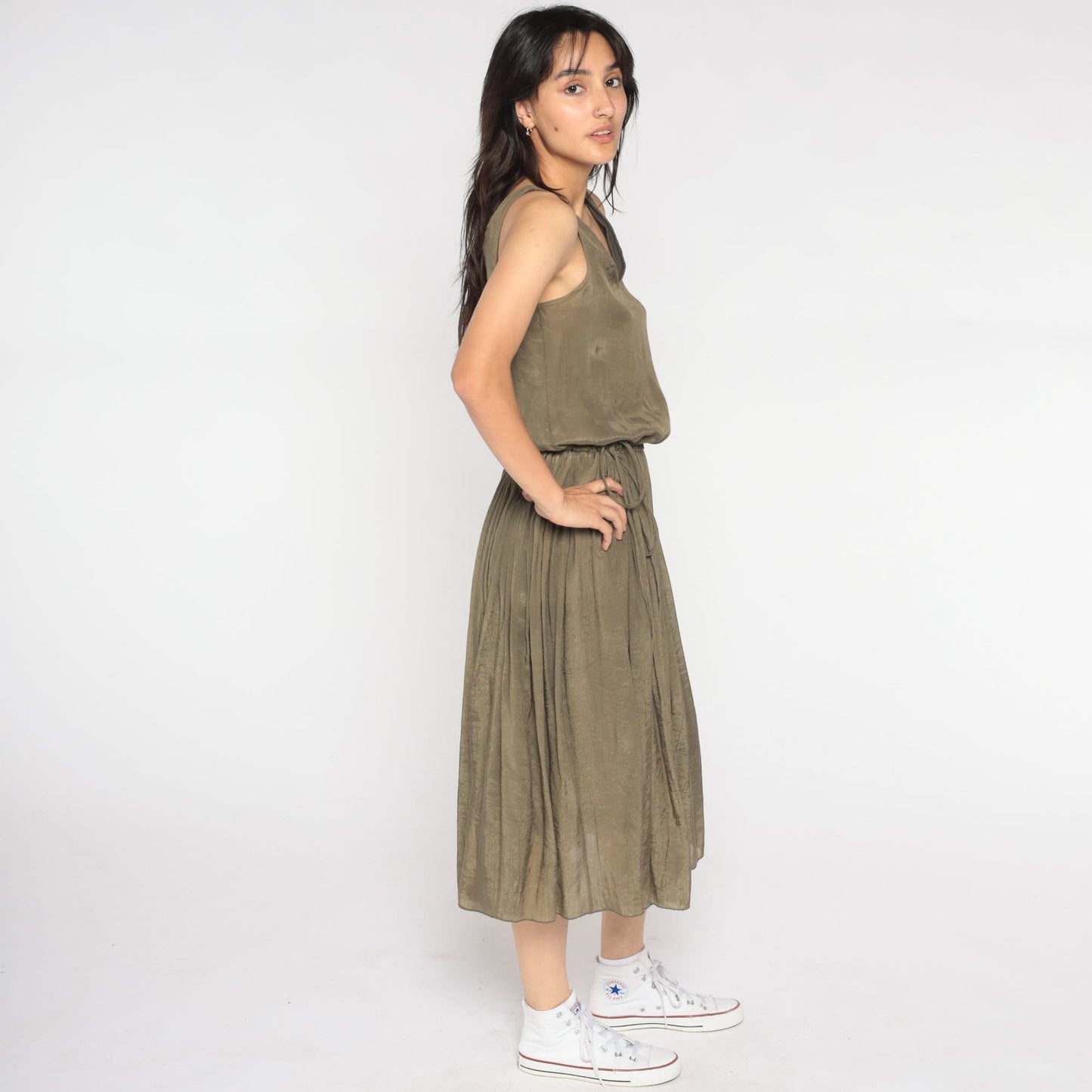 Y2K Metallic Bronze Midi Dress Sleeveless Pleated High Waist Small S