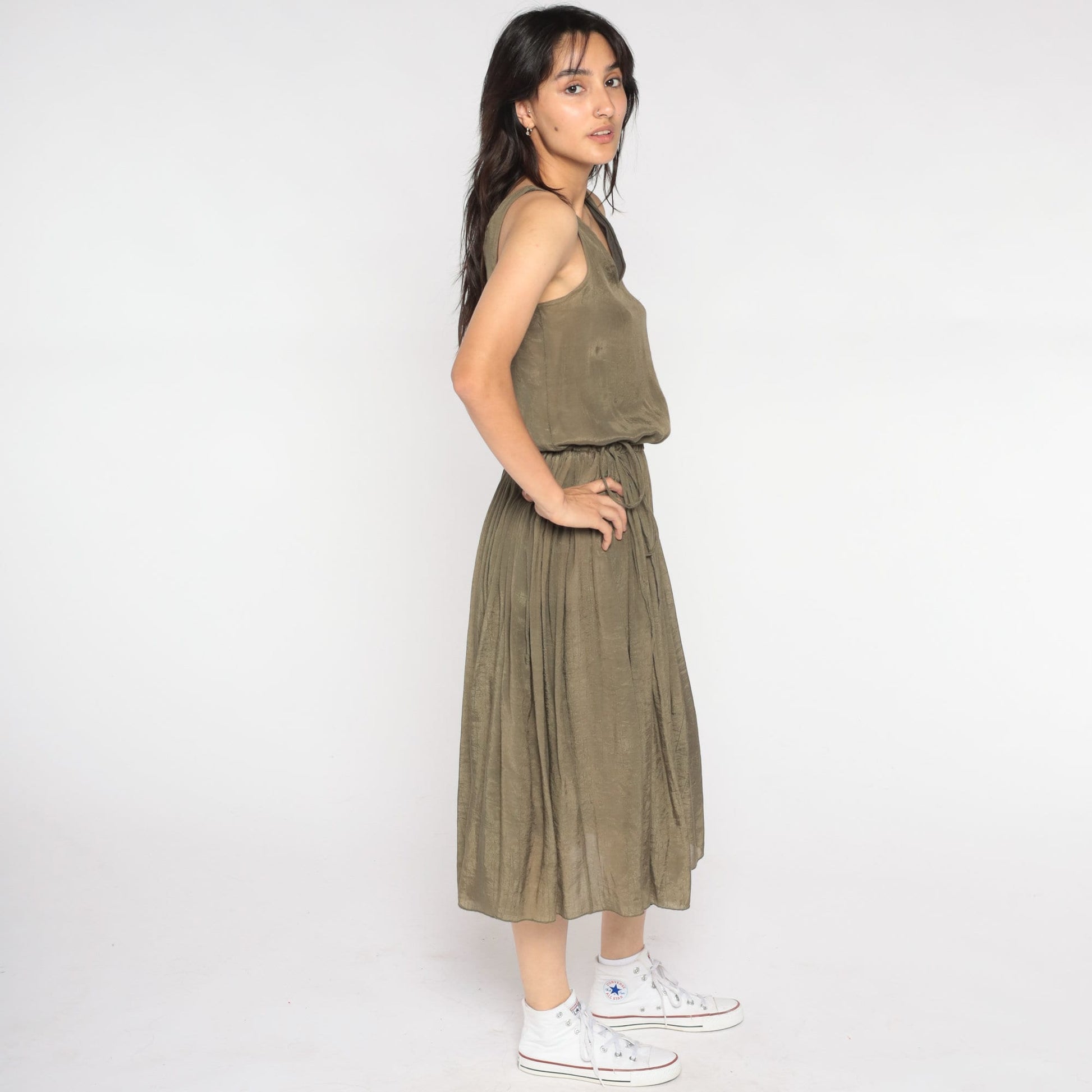 Y2K Metallic Bronze Midi Dress Sleeveless Pleated High Waist Small S