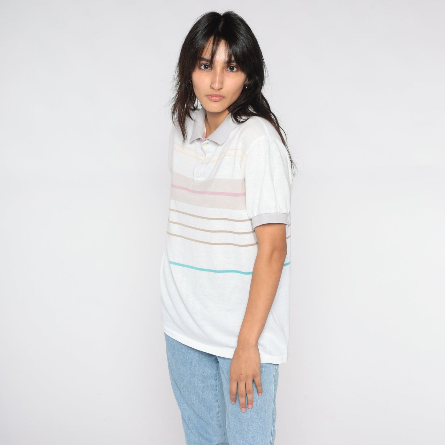 80s Striped Polo Shirt White Multicolor Collared Short Sleeve Medium Large
