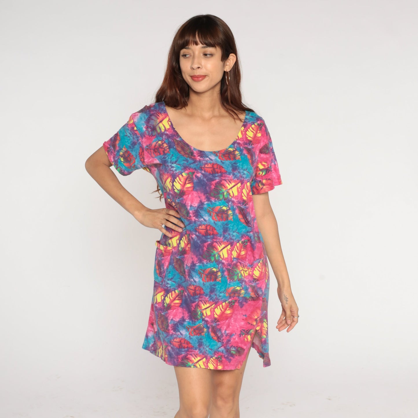 Y2K Tie Dye Leaf Print T-Shirt Dress Pink Blue Mini Short Sleeve Medium M