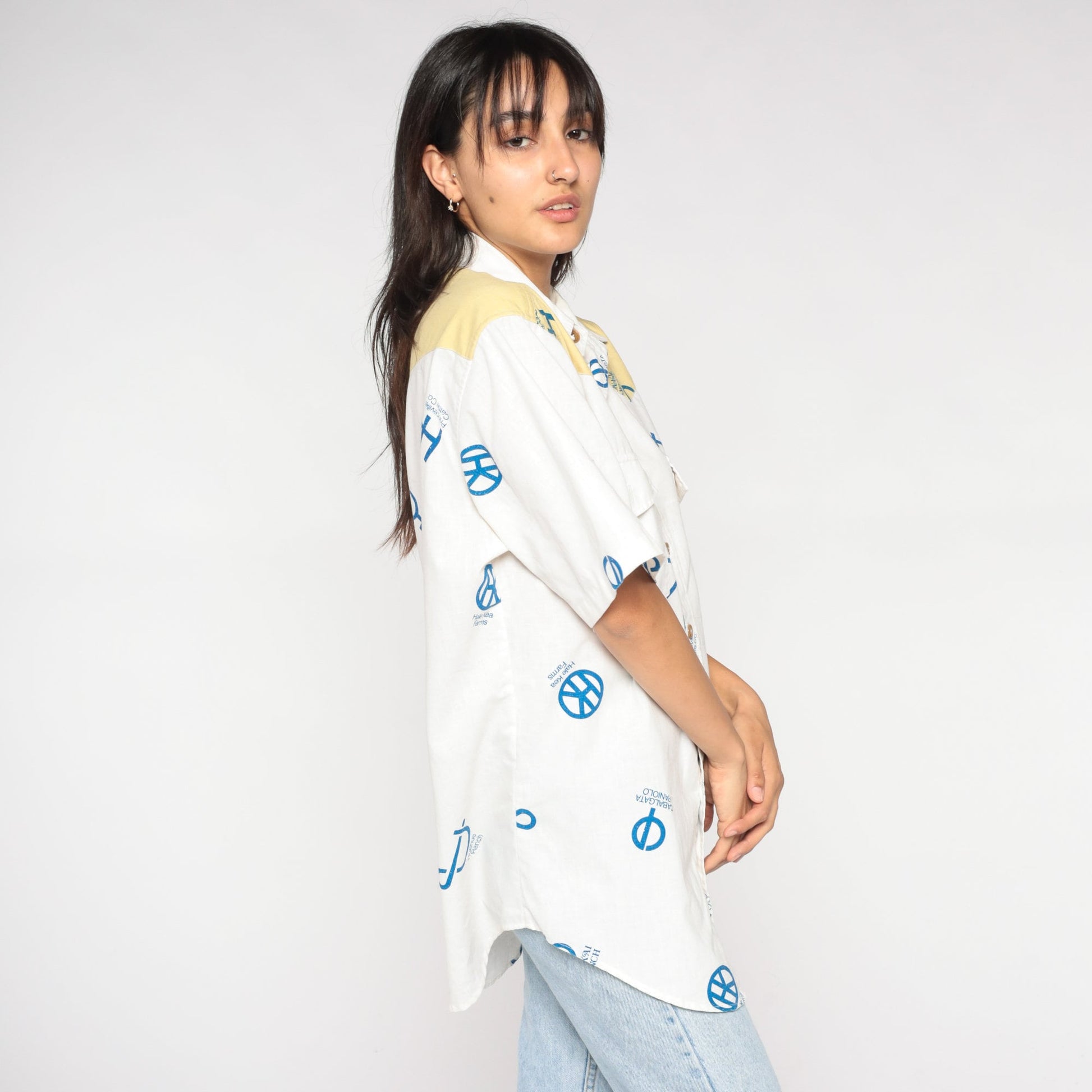 90s Reyn Spooner Cattle Brand Western Shirt White Yellow Yoke Medium