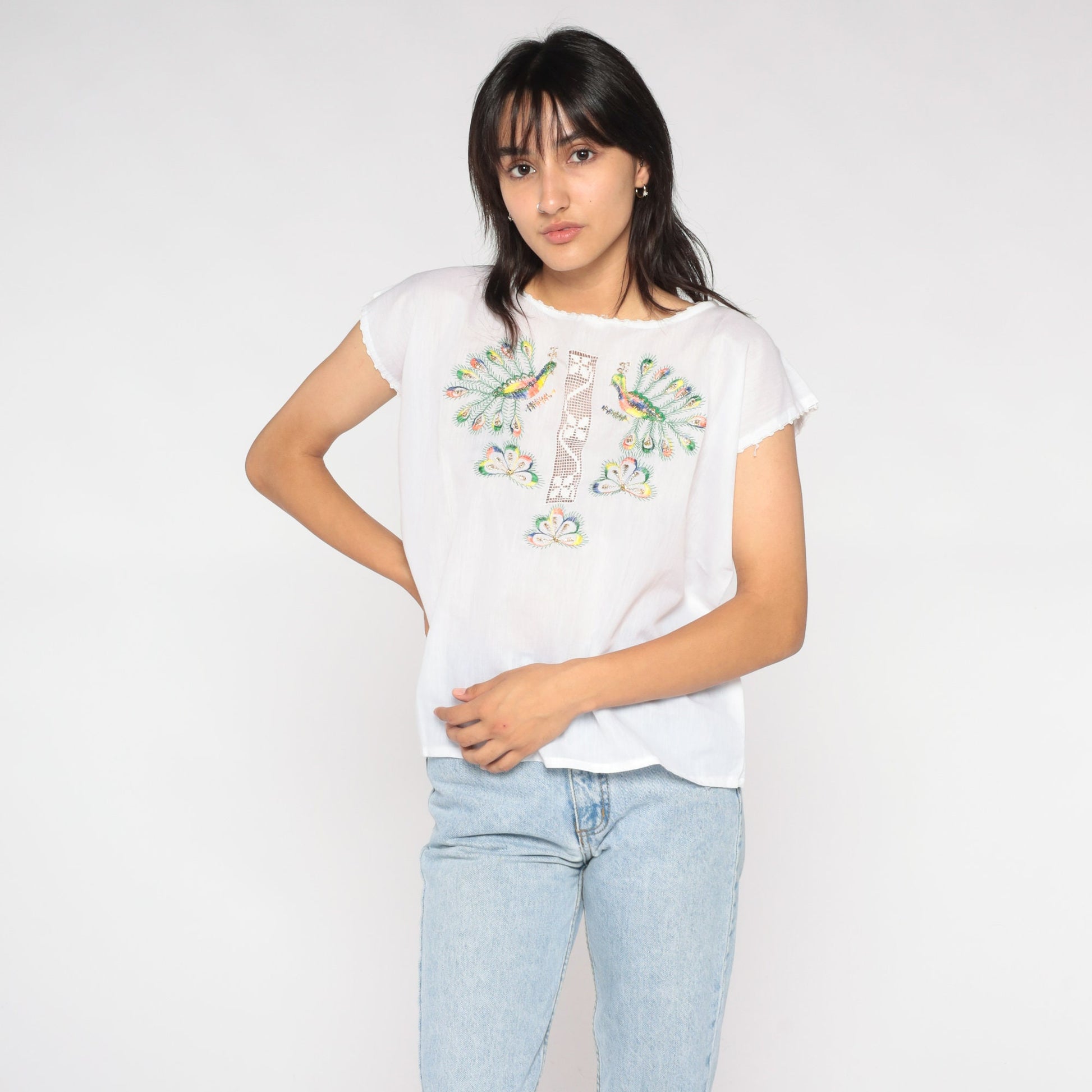 90s White Peacock Embroidered Blouse Metallic Cutout Cap Sleeve Medium