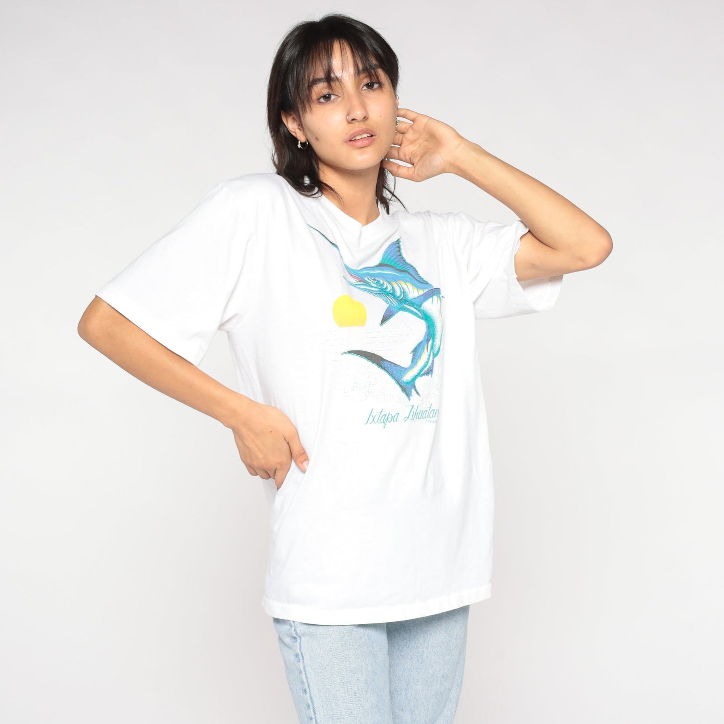 90s Swordfish Graphic T-Shirt Ixtapa Zihuatanejo Mexico White Single Stitch Medium