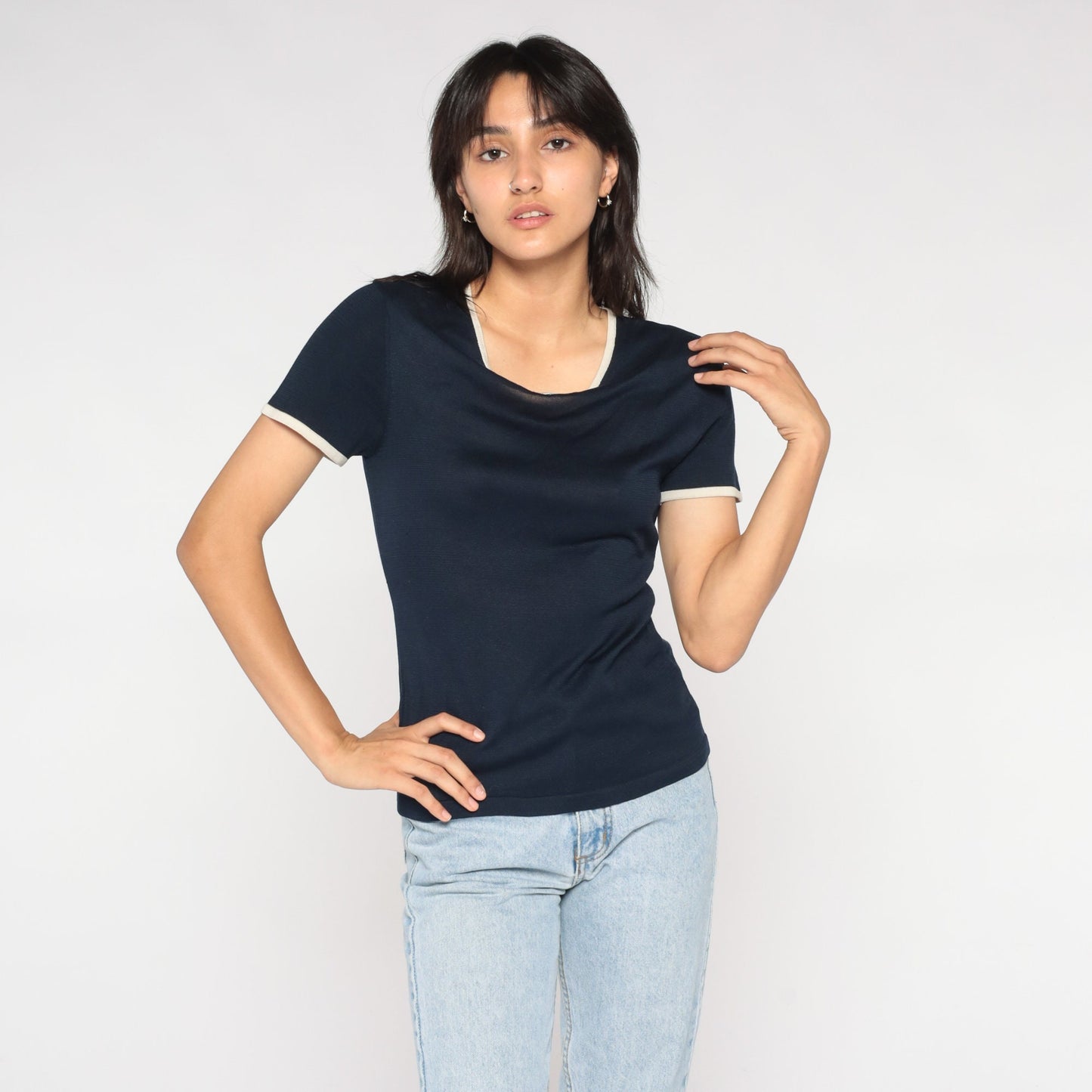 00s Navy Silk Knit Top Short Sleeve White Trim Small S