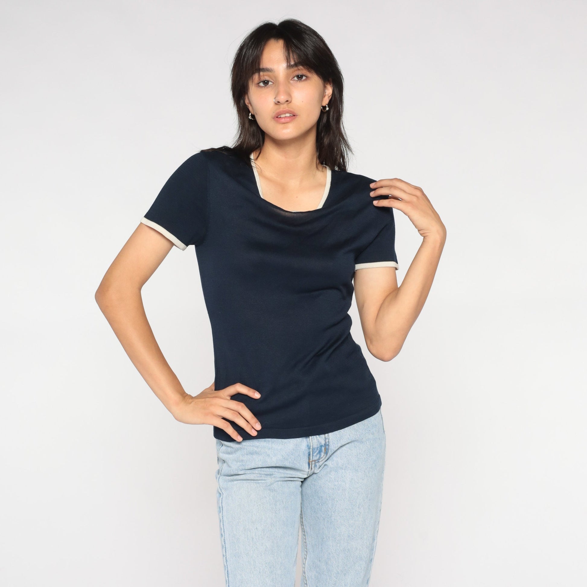 00s Navy Silk Knit Top Short Sleeve White Trim Small S