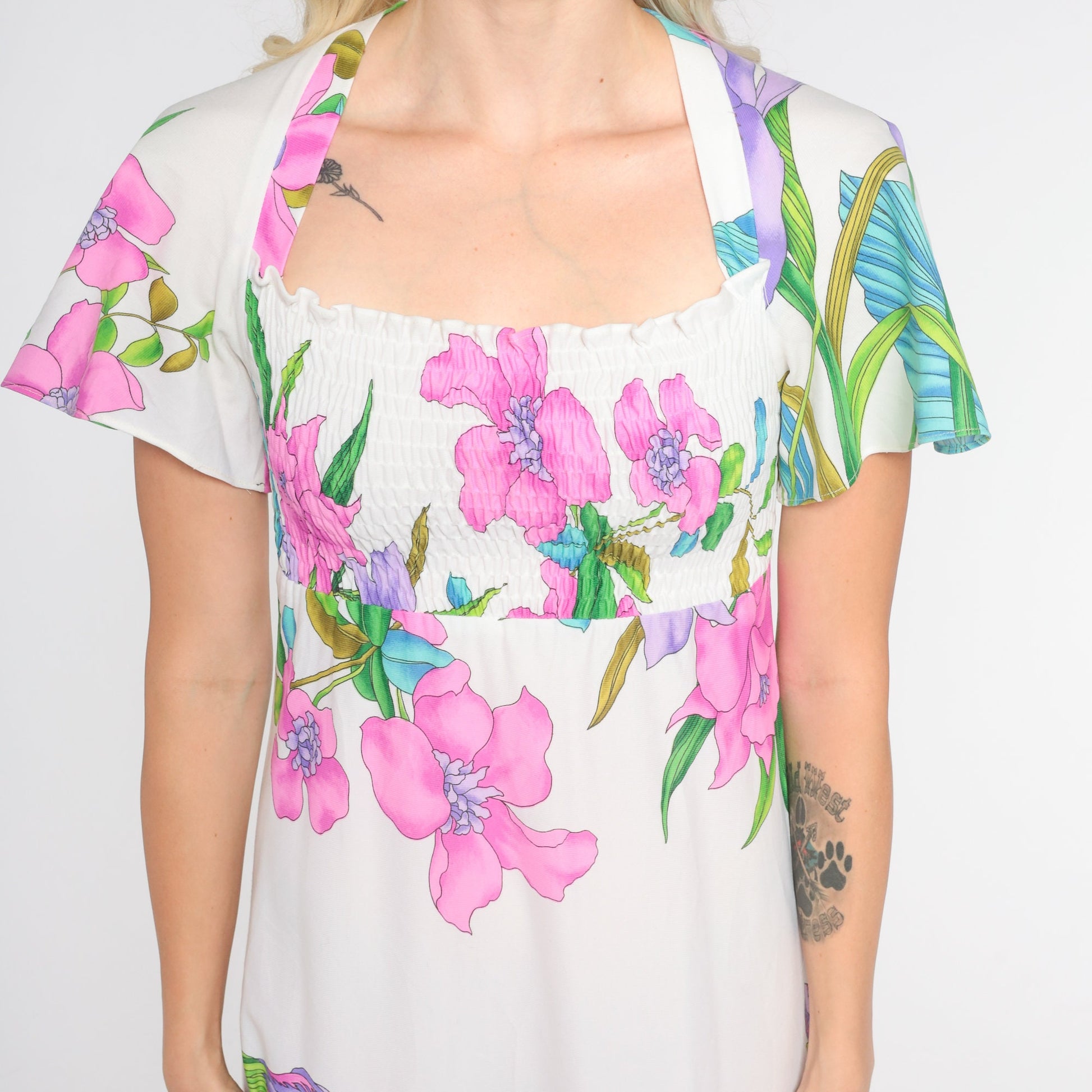 70s Tropical Floral White Maxi Dress Smocked Flutter Sleeve Empire Waist Small Medium