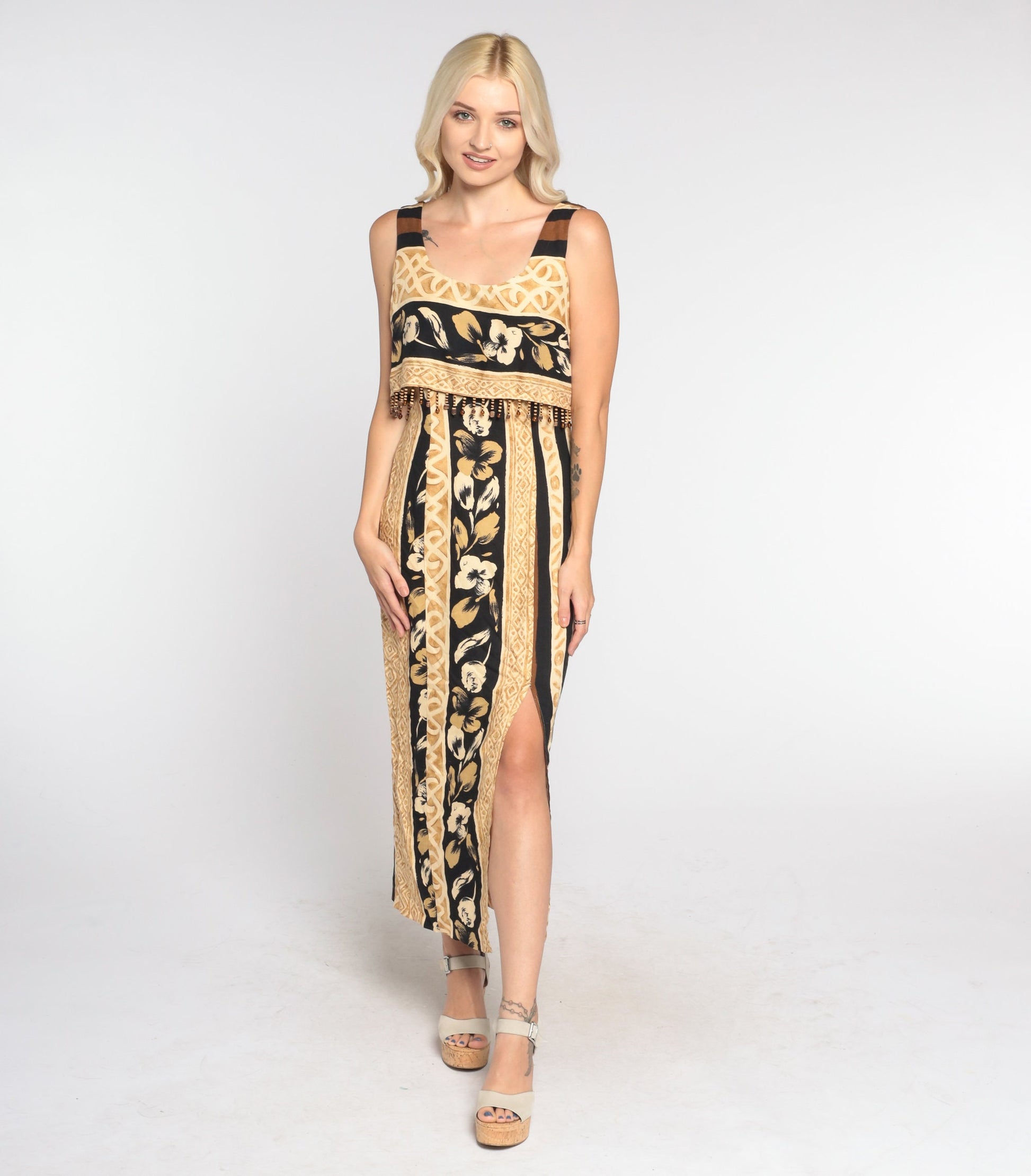 90s Tropical Floral Midi Dress Beaded Bodice Front Slit Sleeveless Extra Small