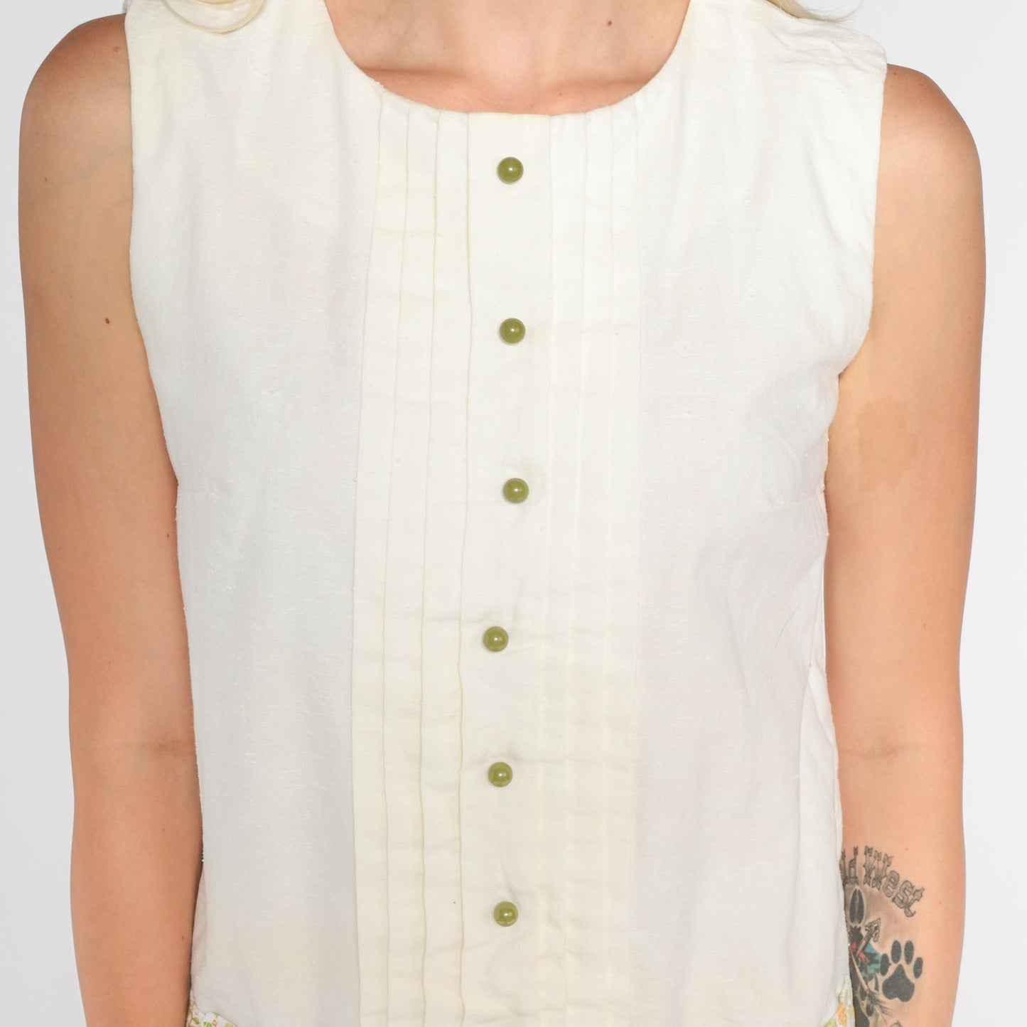 60s Mod Mini Dress White Floral Drop Waist Sleeveless Shift Small