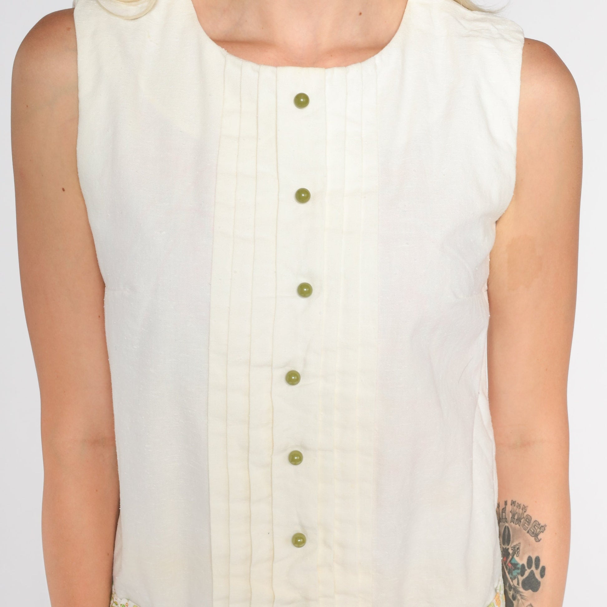 60s Mod Mini Dress White Floral Drop Waist Sleeveless Shift Small