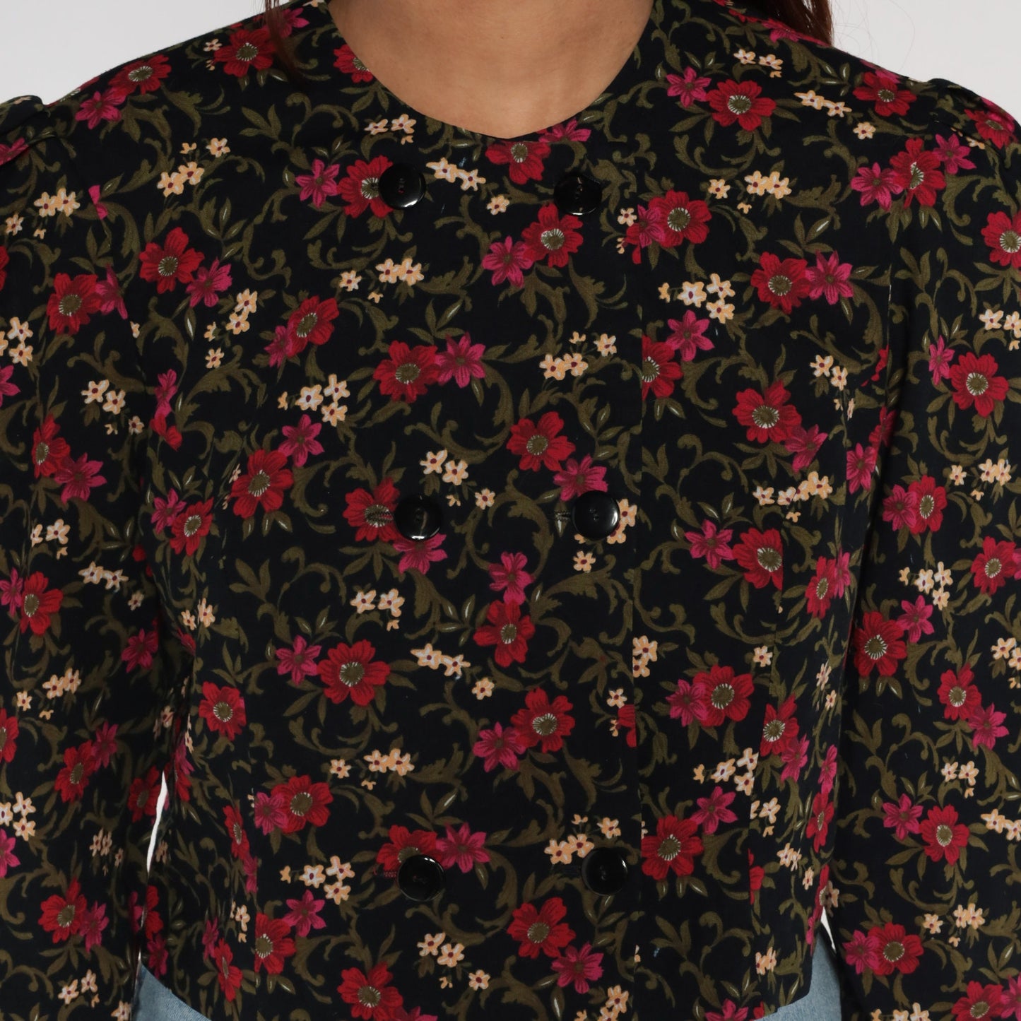 80s Black Floral Puff Sleeve Button-Up Blouse Double Breasted Medium