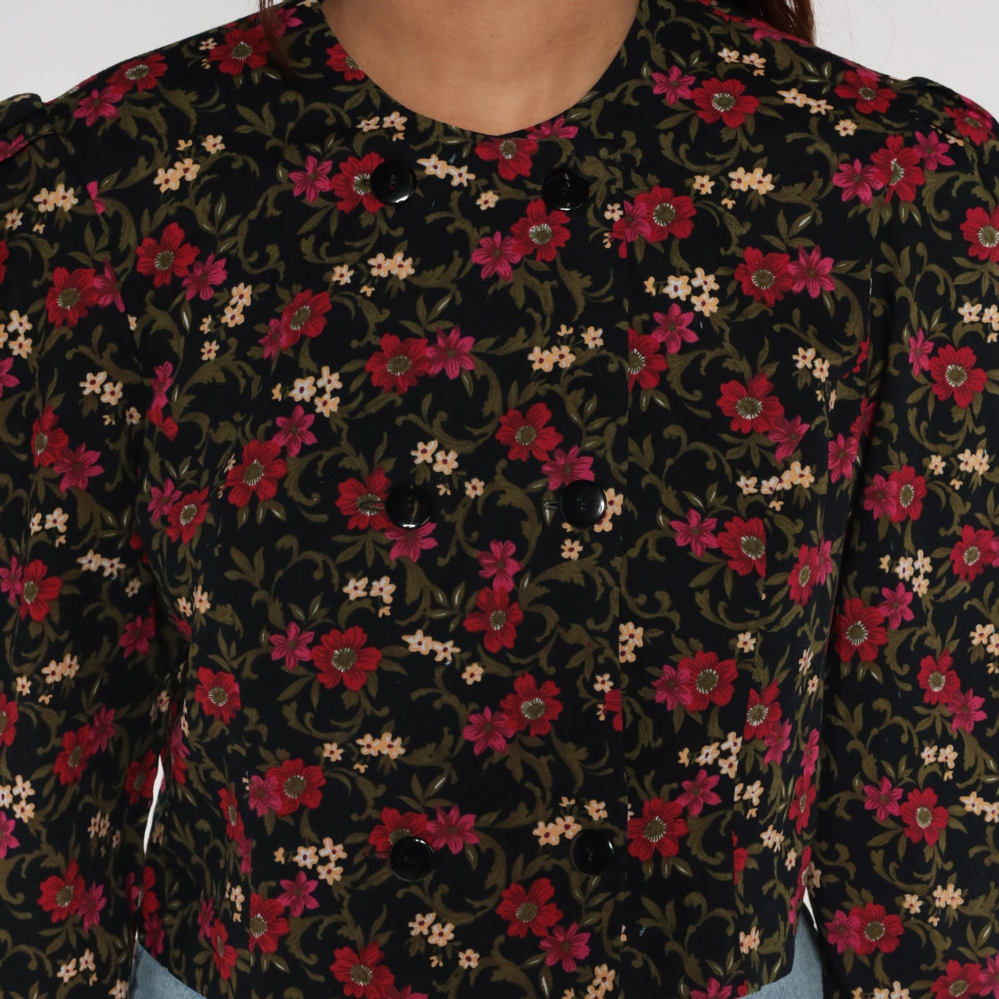 80s Black Floral Puff Sleeve Button-Up Blouse Double Breasted Medium