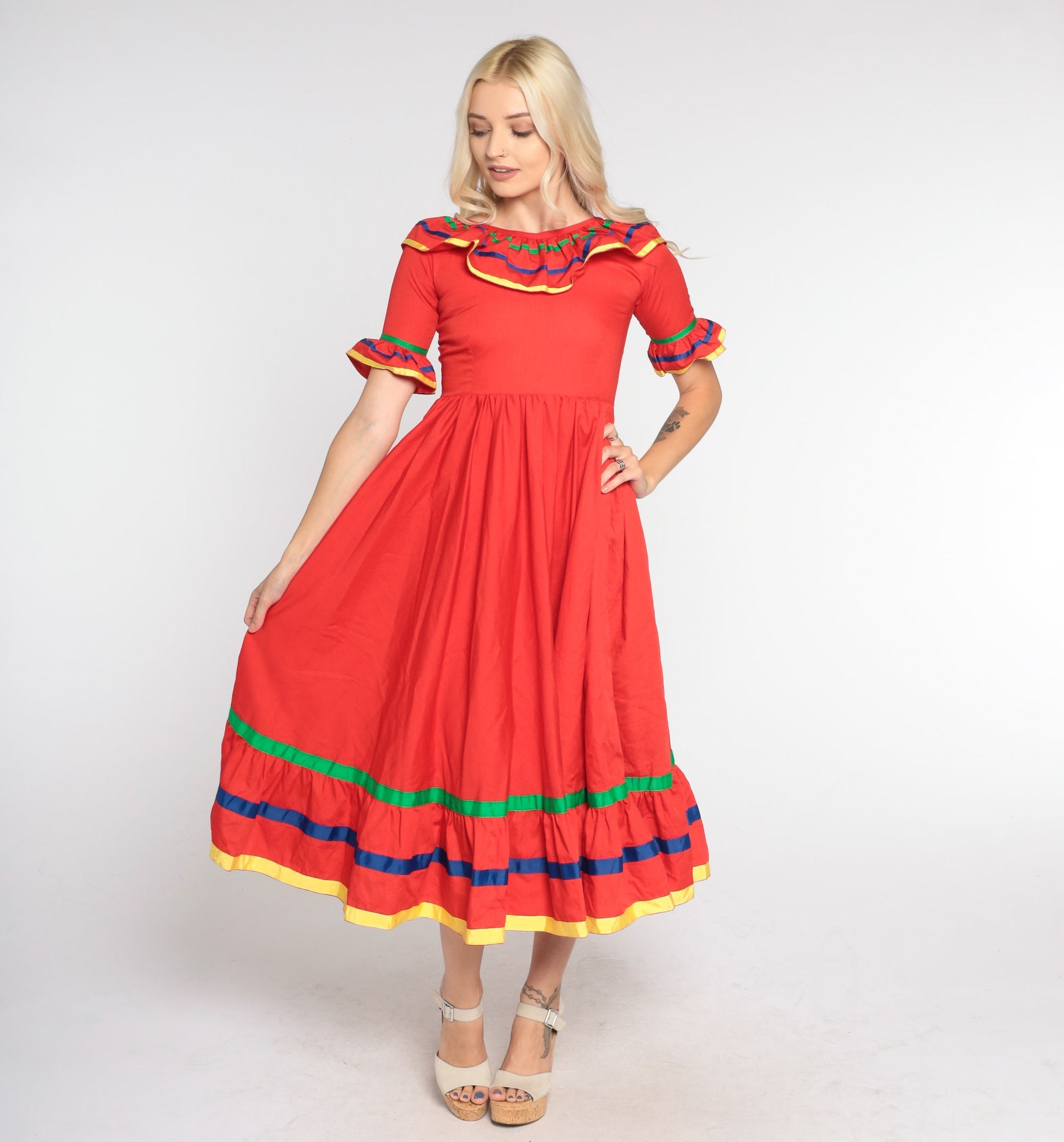 80s Red Prairie Midi Dress High Waisted Tiered Ruffled Short Sleeve Extra Small